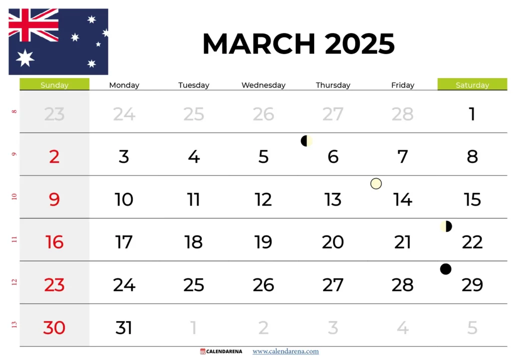 March Calendar 2025 With Holidays Australia