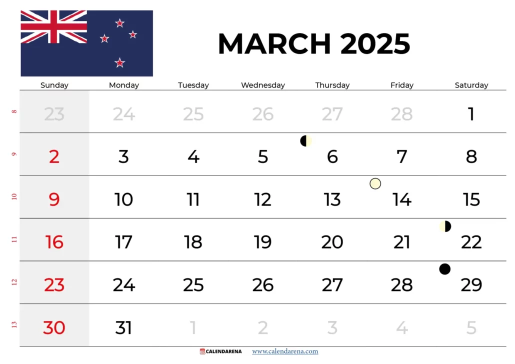 March Calendar 2025 With Holidays NZ