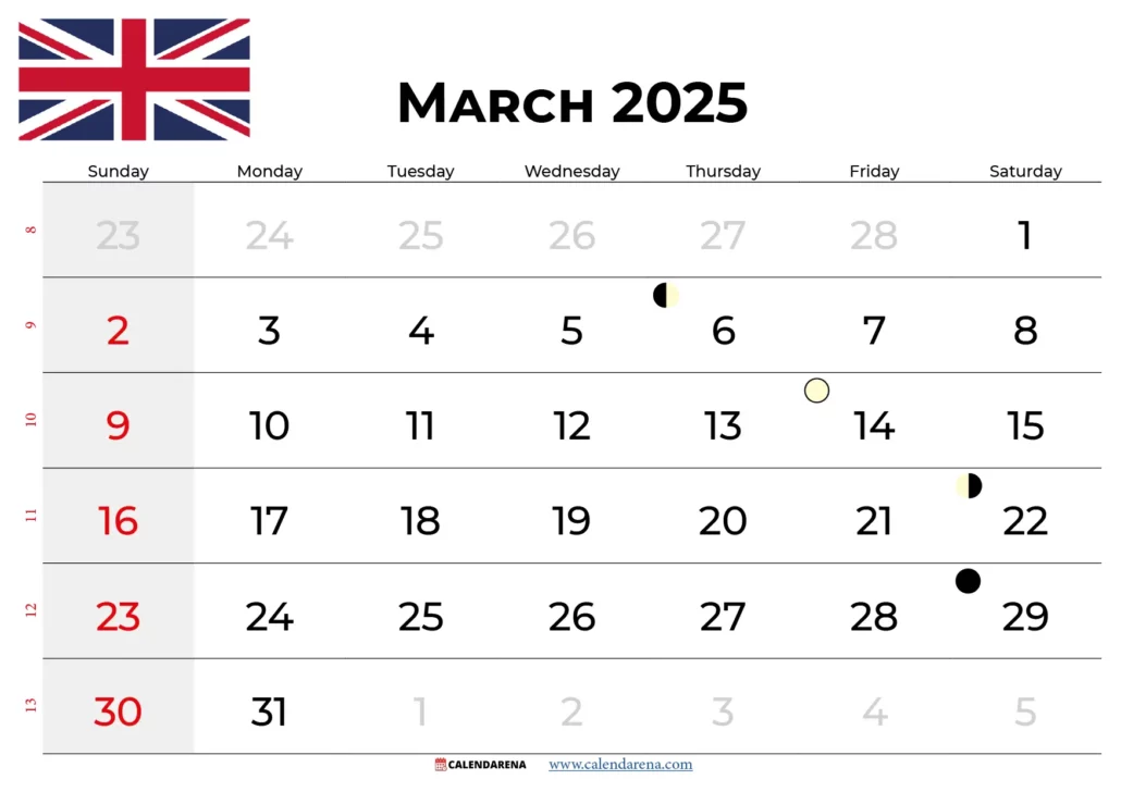 March Calendar 2025 With Holidays UK