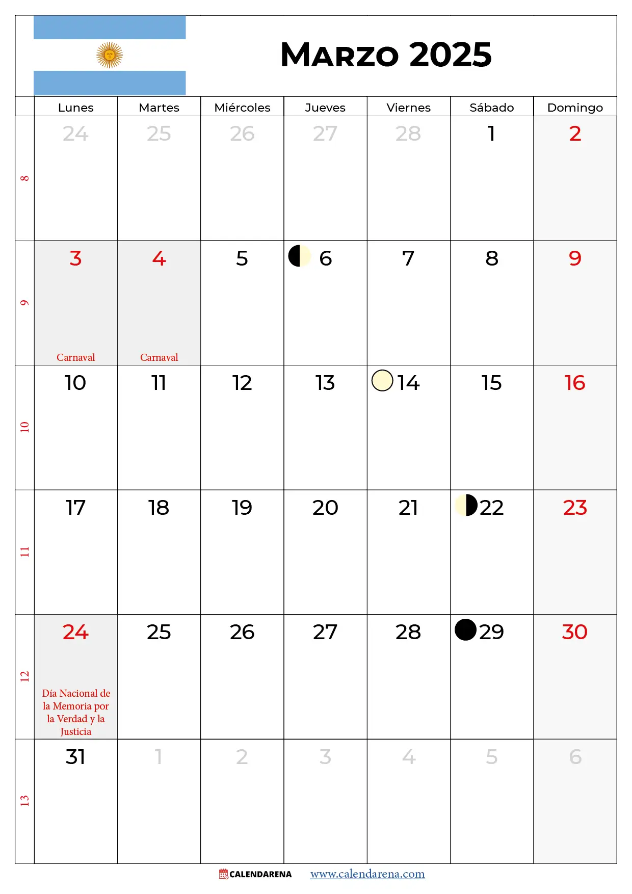 Marzo 2025 Calendario Argentina