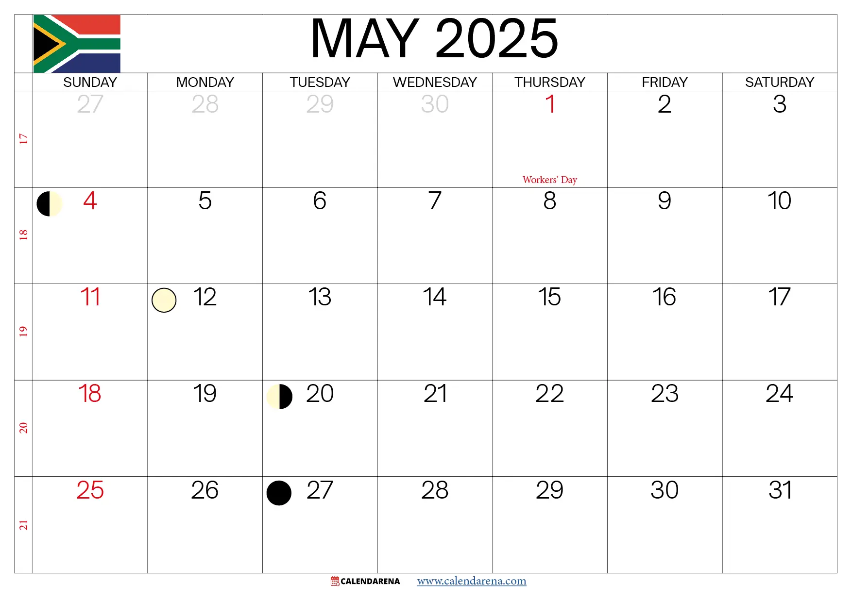 May 2025 Calendar With Holidays South Africa