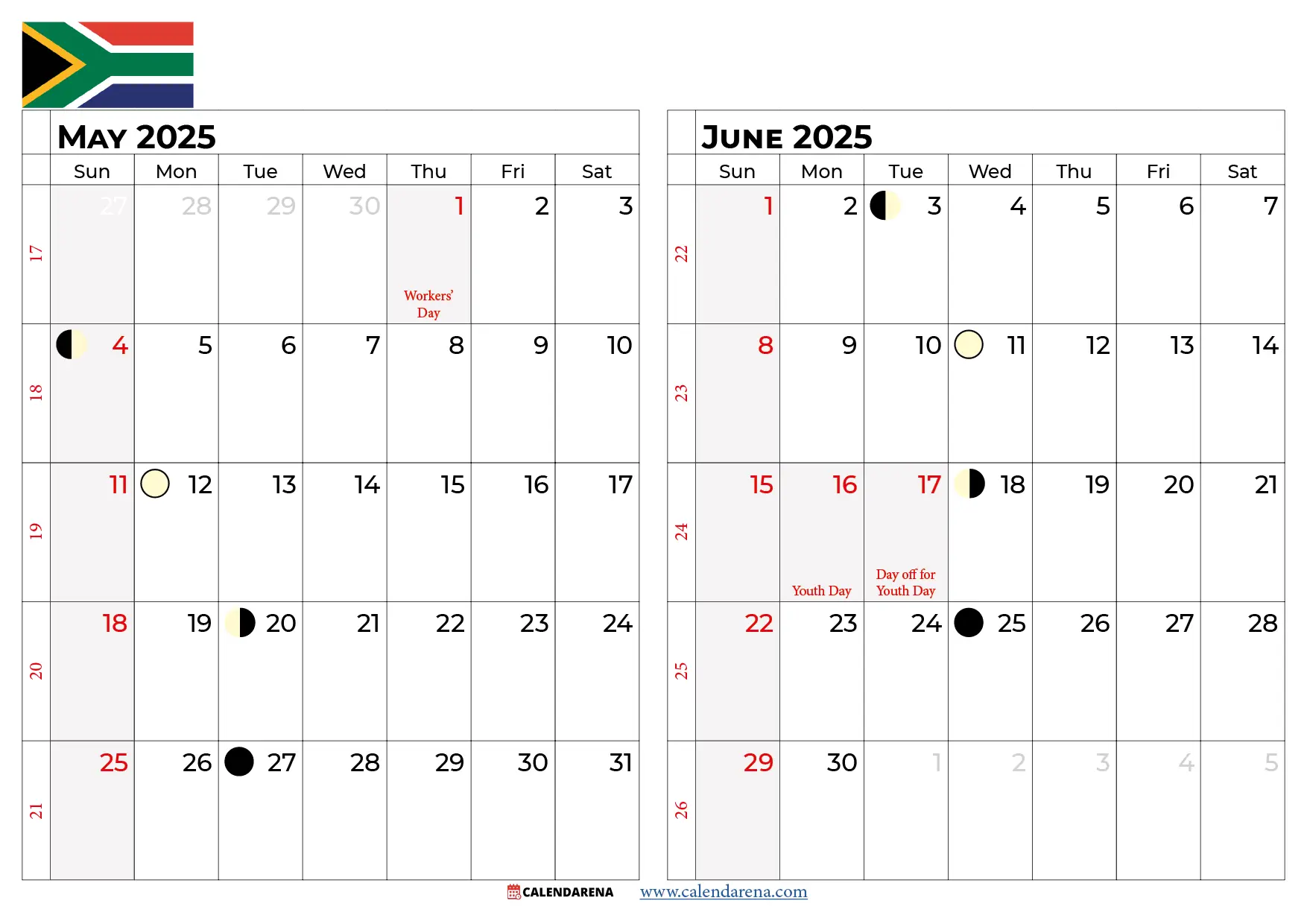 May And June 2025 Calendar South Africa