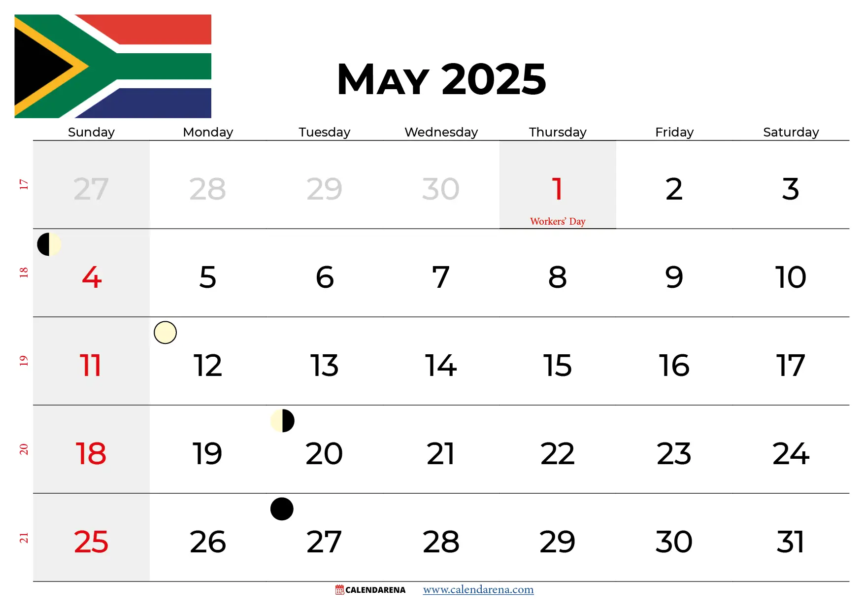 May Calendar 2025 South Africa