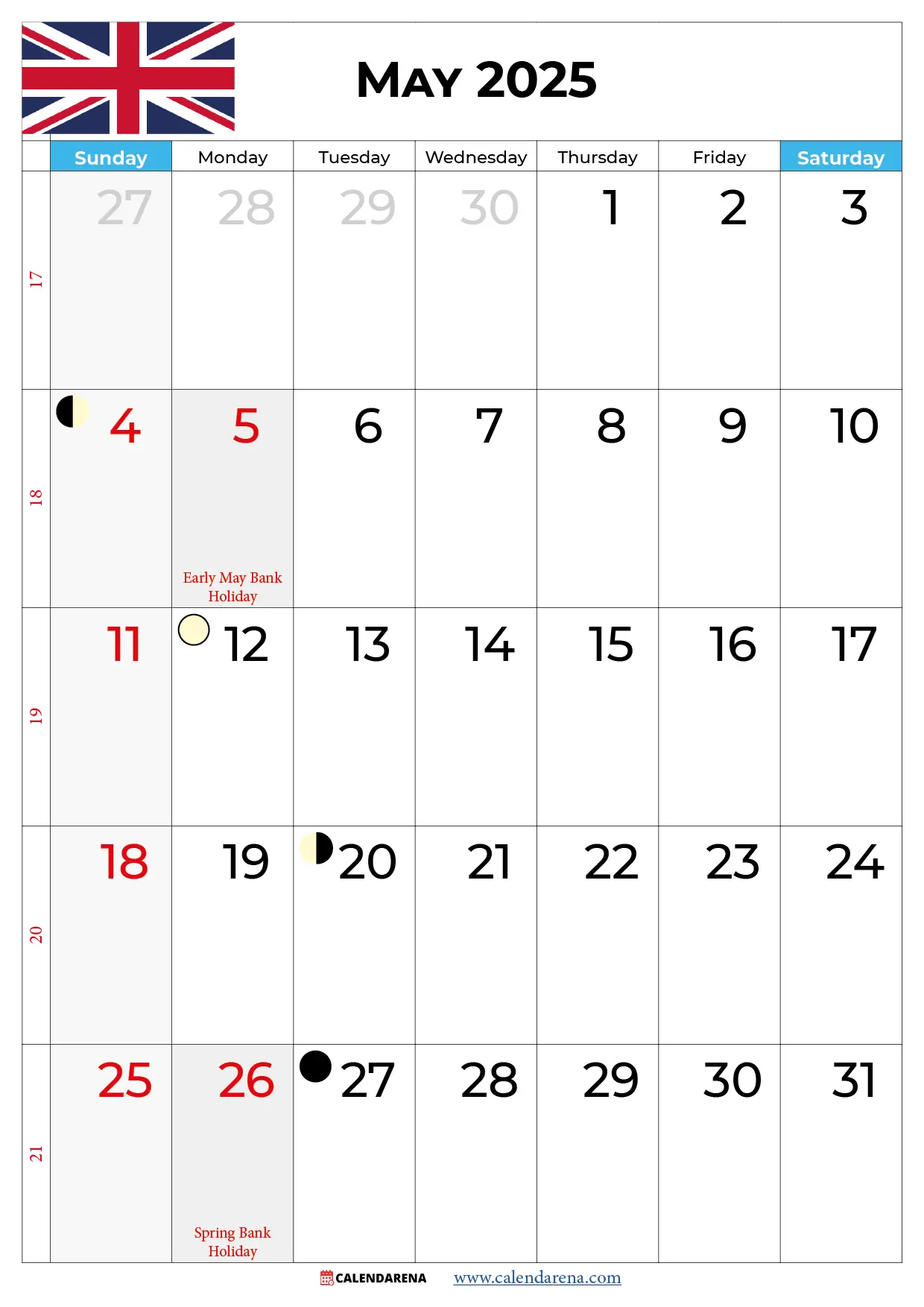 May Calendar 2025 Uk