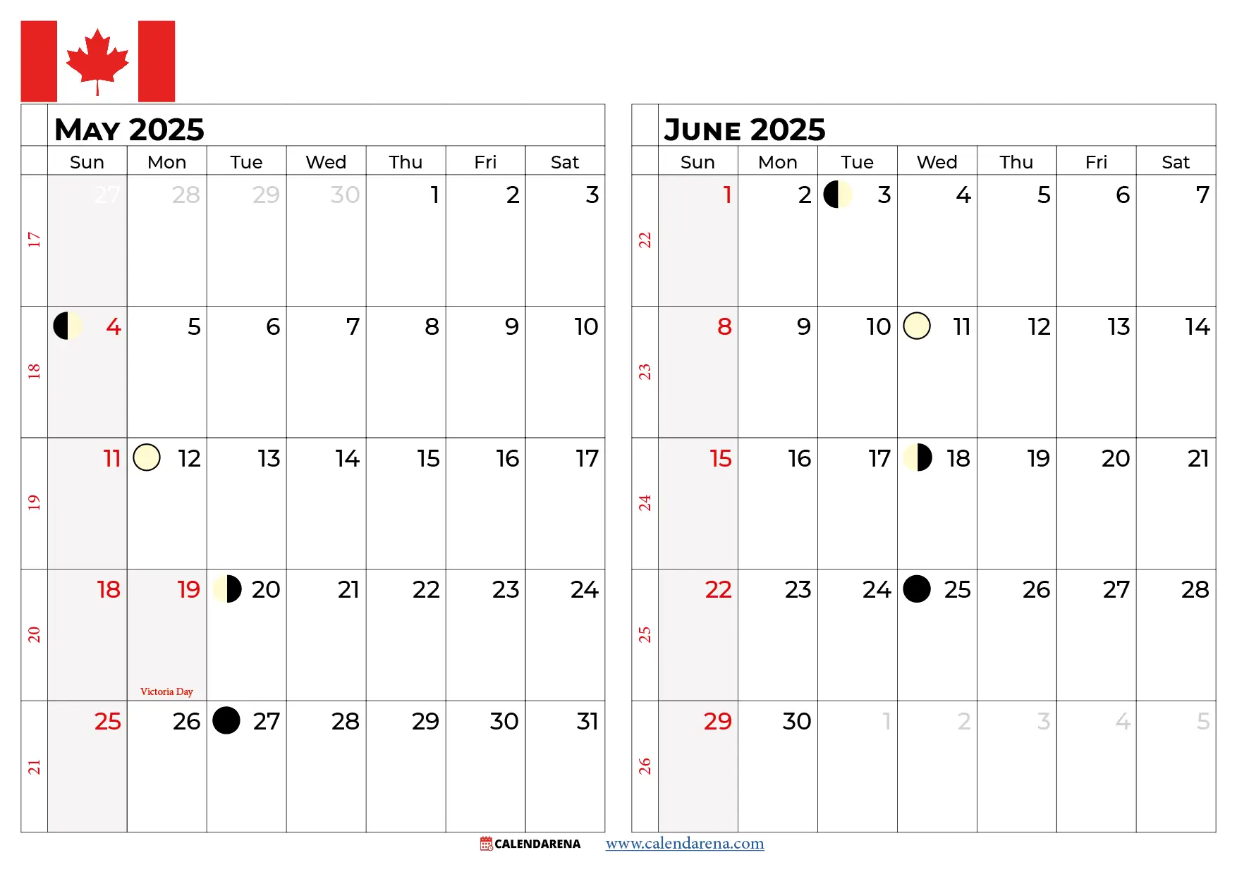 May June 2025 Calendar Canada