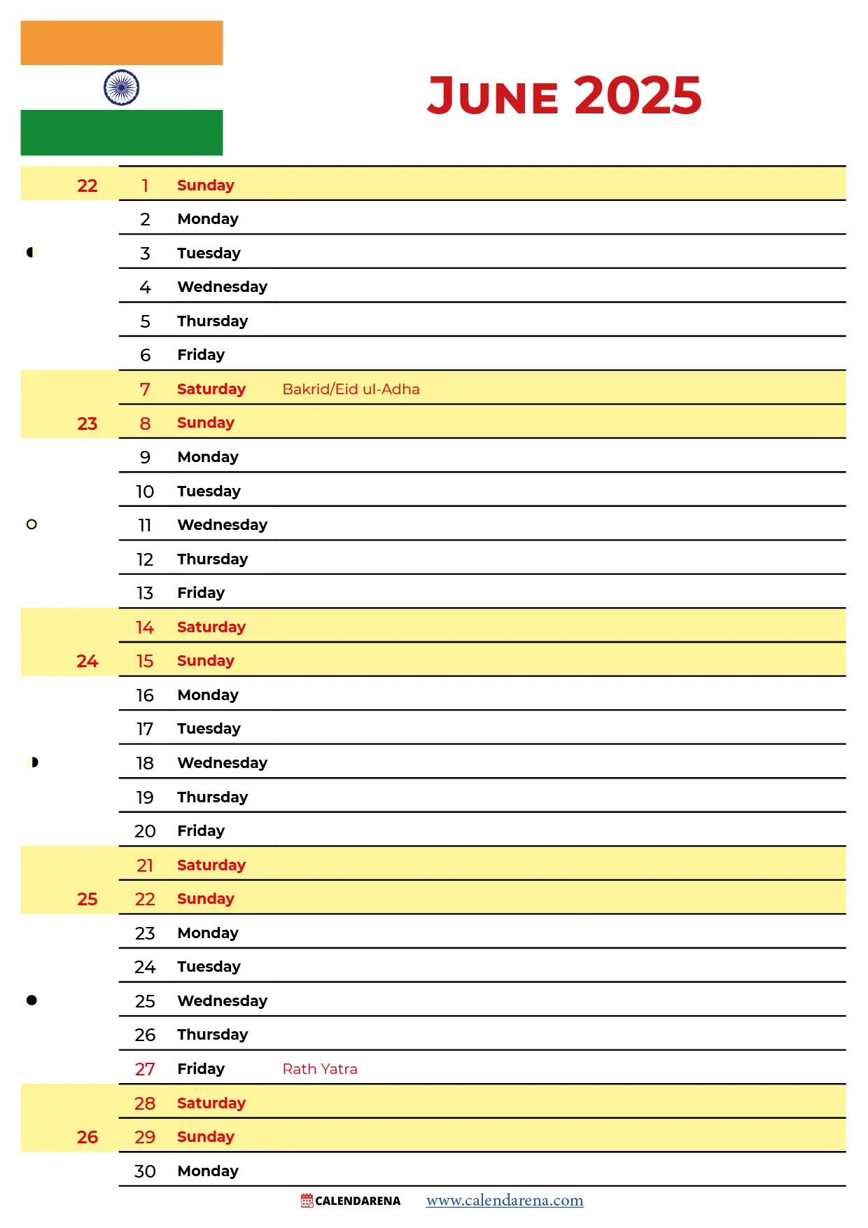 Calendar 2025 June India