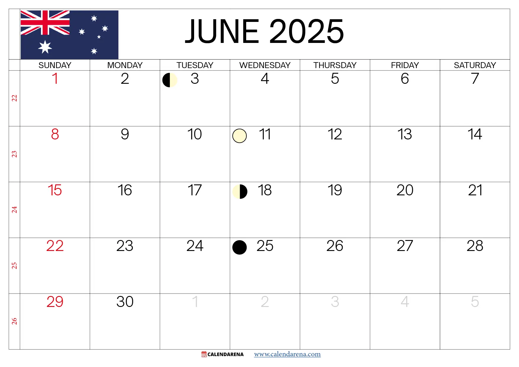 Calendar June 2025 Australia