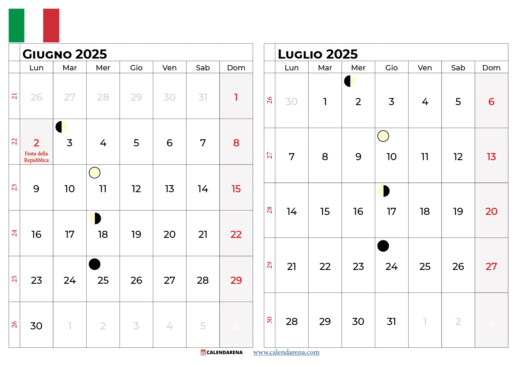 Calendario Giugno Luglio 2025