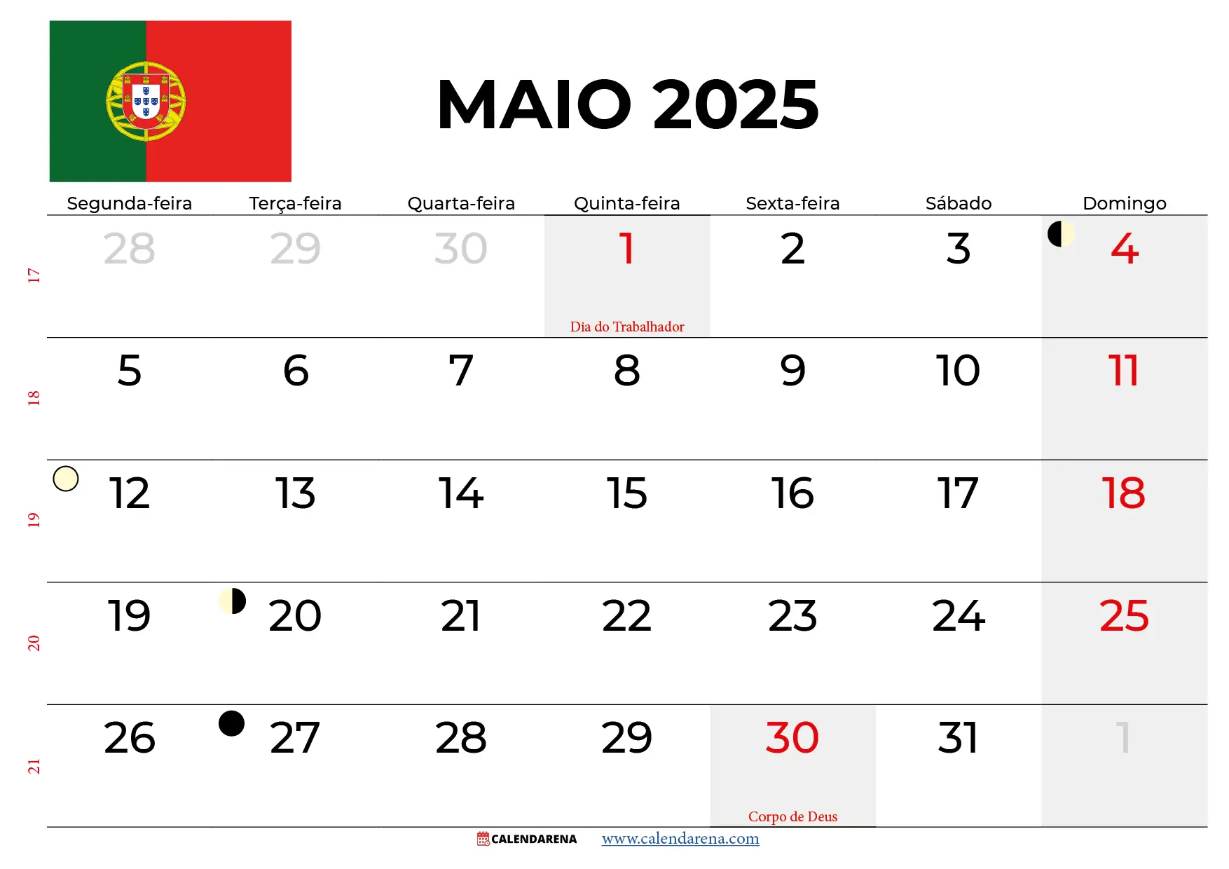 Calendário Maio 2025 Com Feriados Portugal