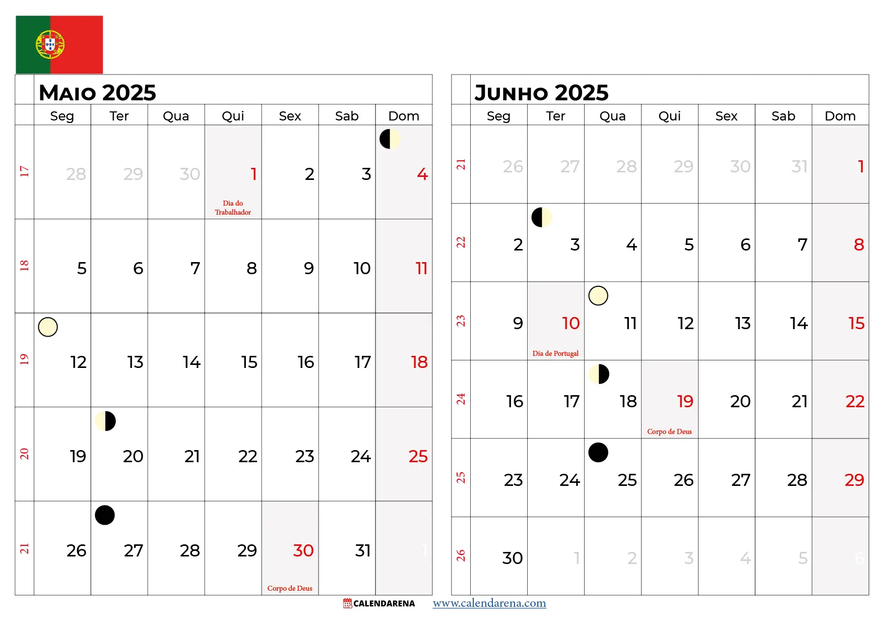 Calendário Maio e Junho 2025 Portugal