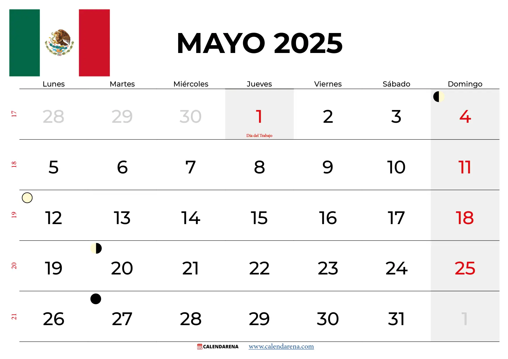 Calendario Mayo 2025 Mexico