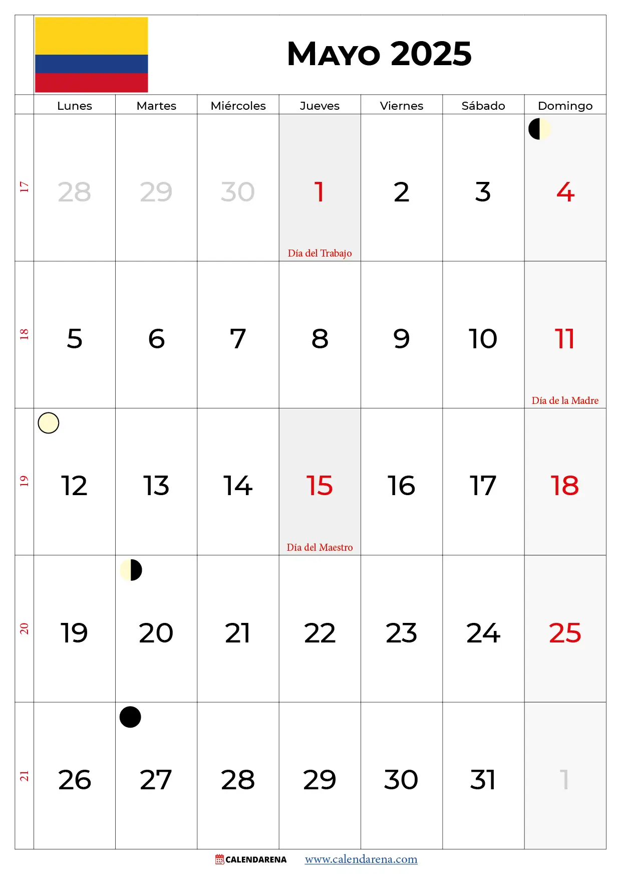 Calendario Mayo Colombia 2025 Colombia