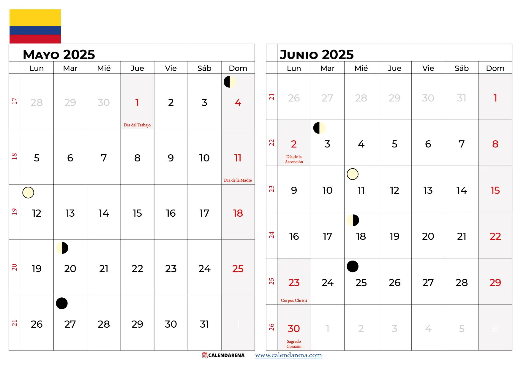 Calendario Mayo Junio 2025 Colombia