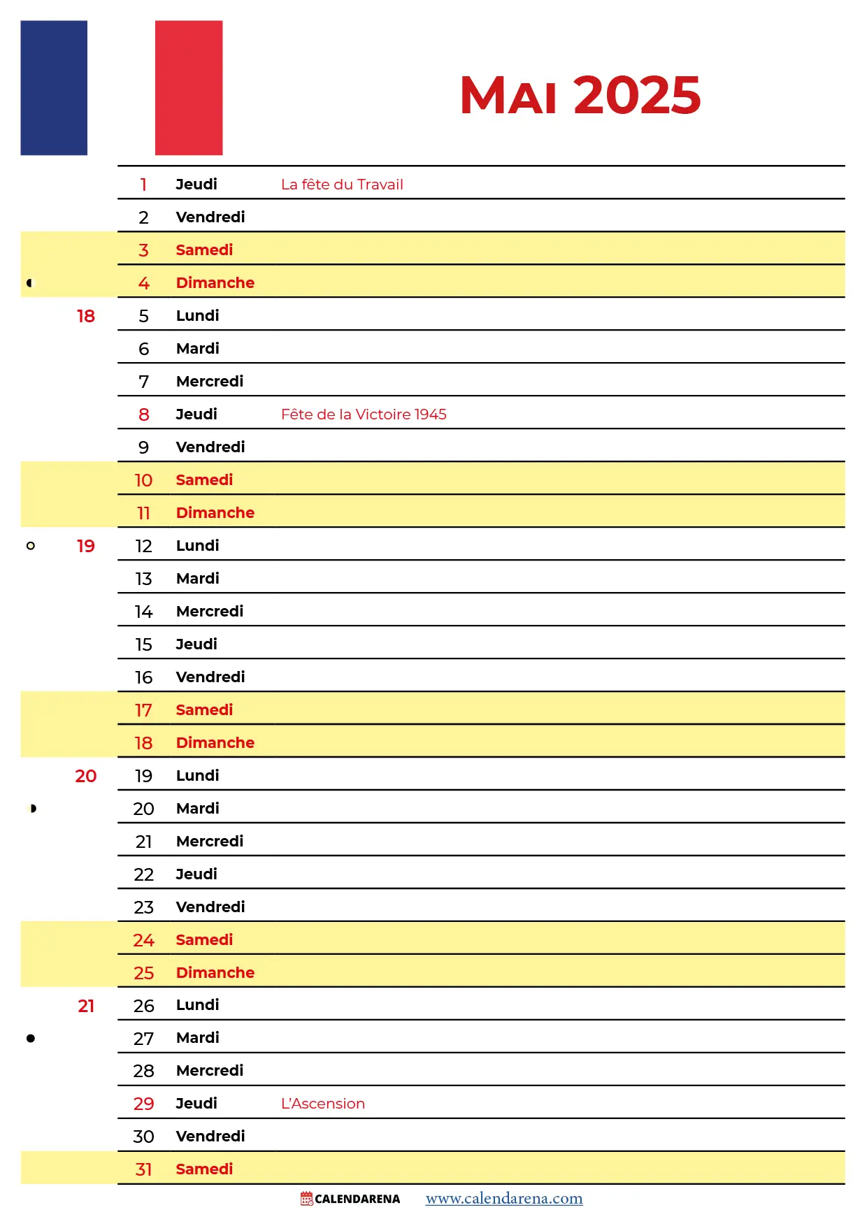 Calendrier 2025 Mai