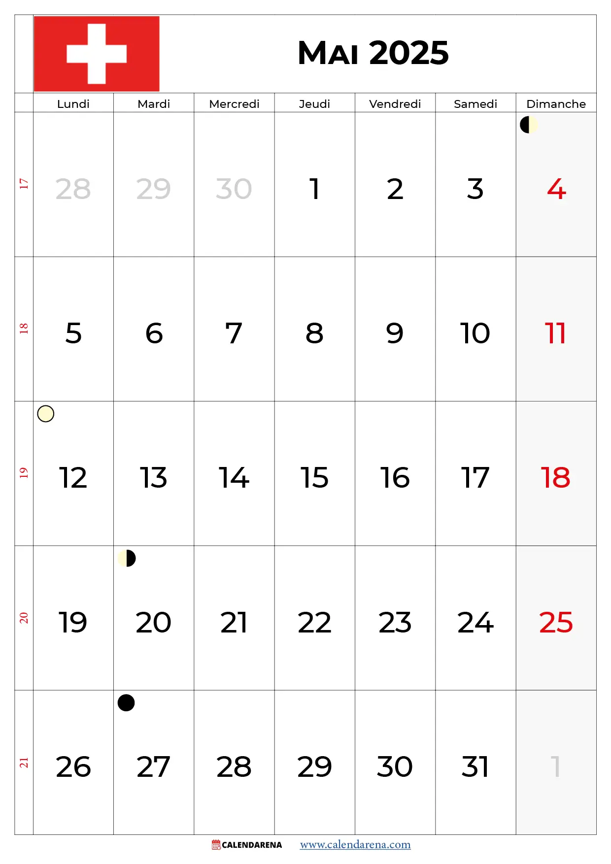 Calendrier Du Mois De Mai 2025 Suisse