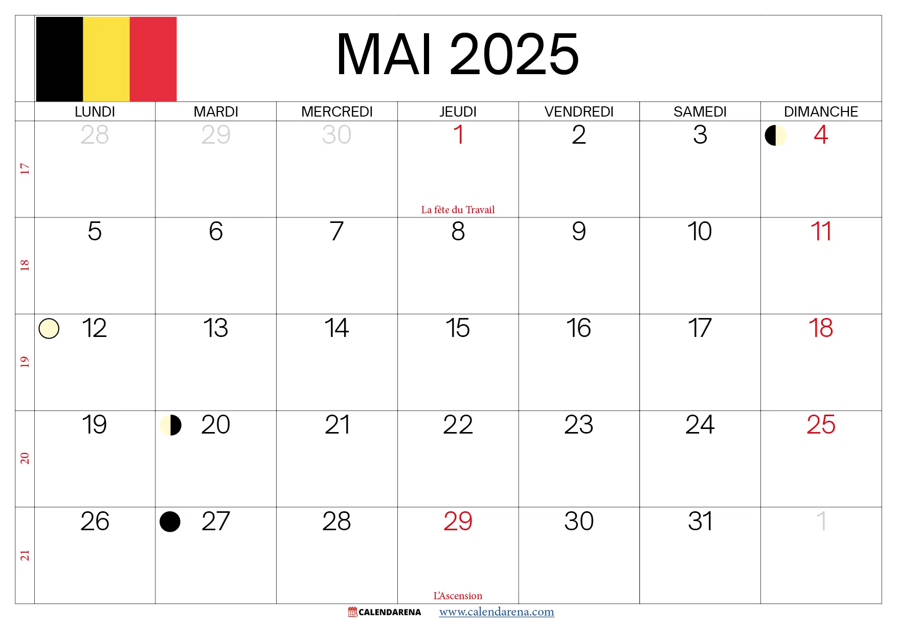 Calendrier Mai 2025 À Imprimer Belgique