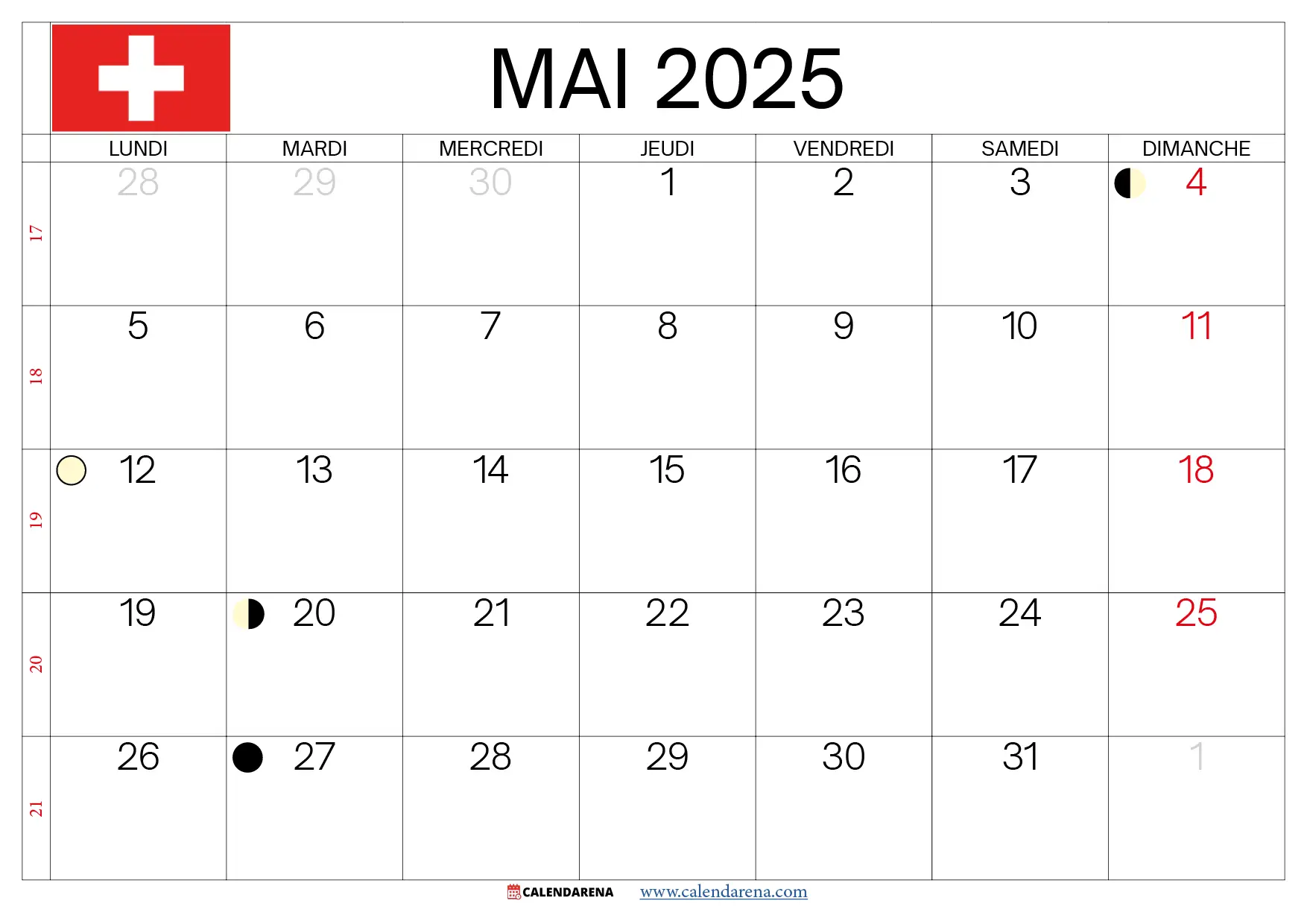 Calendrier Mai 2025 À Imprimer Suisse