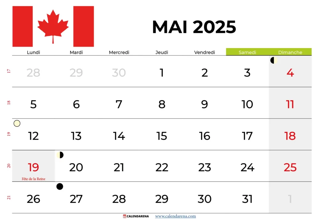 Calendrier Mai 2025 Québec