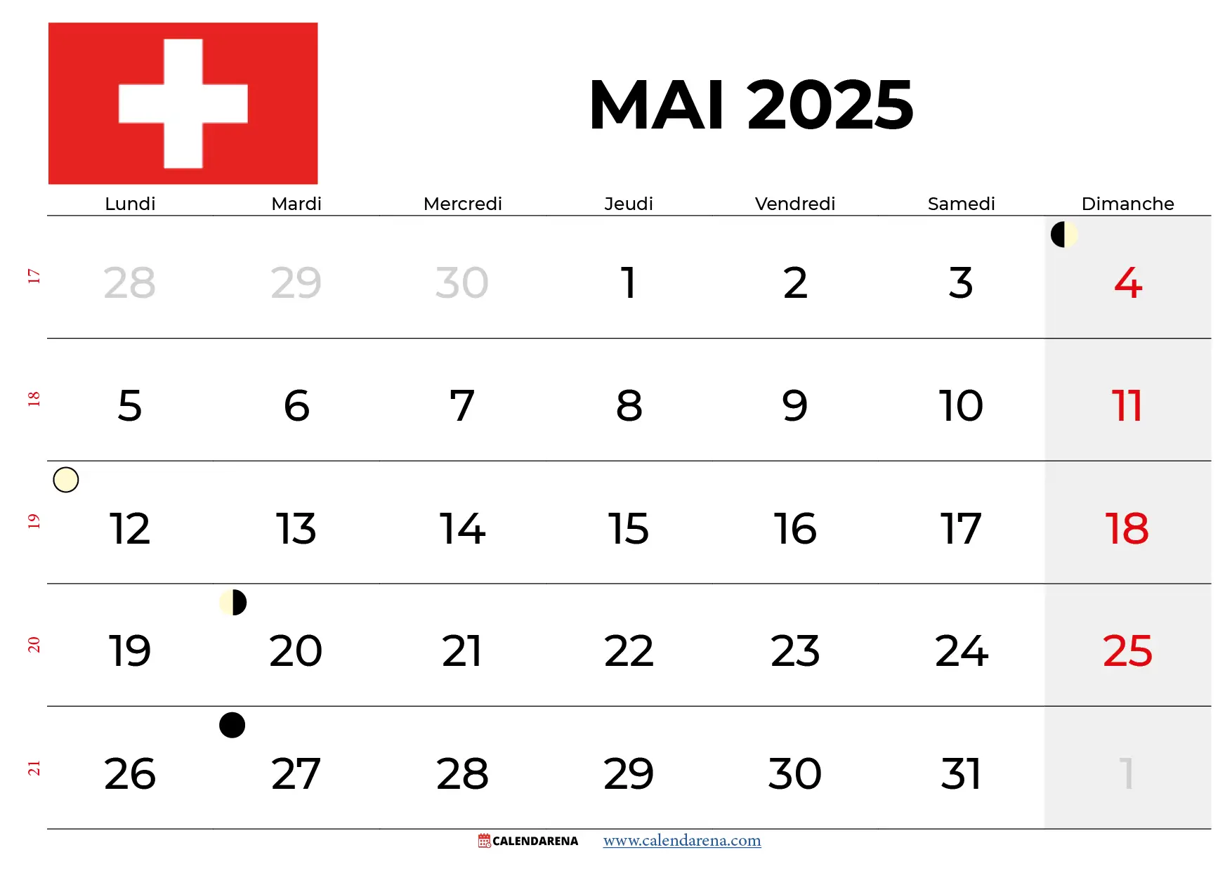 Calendrier Mai 2025 Suisse