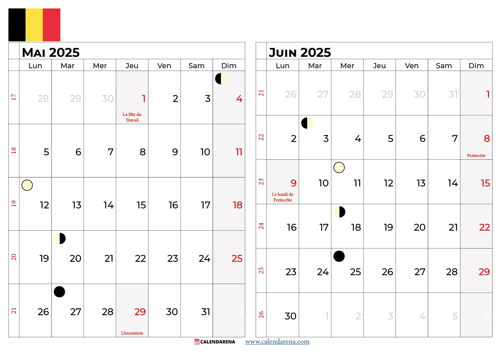 Calendrier Mai Juin 2025 Belgique