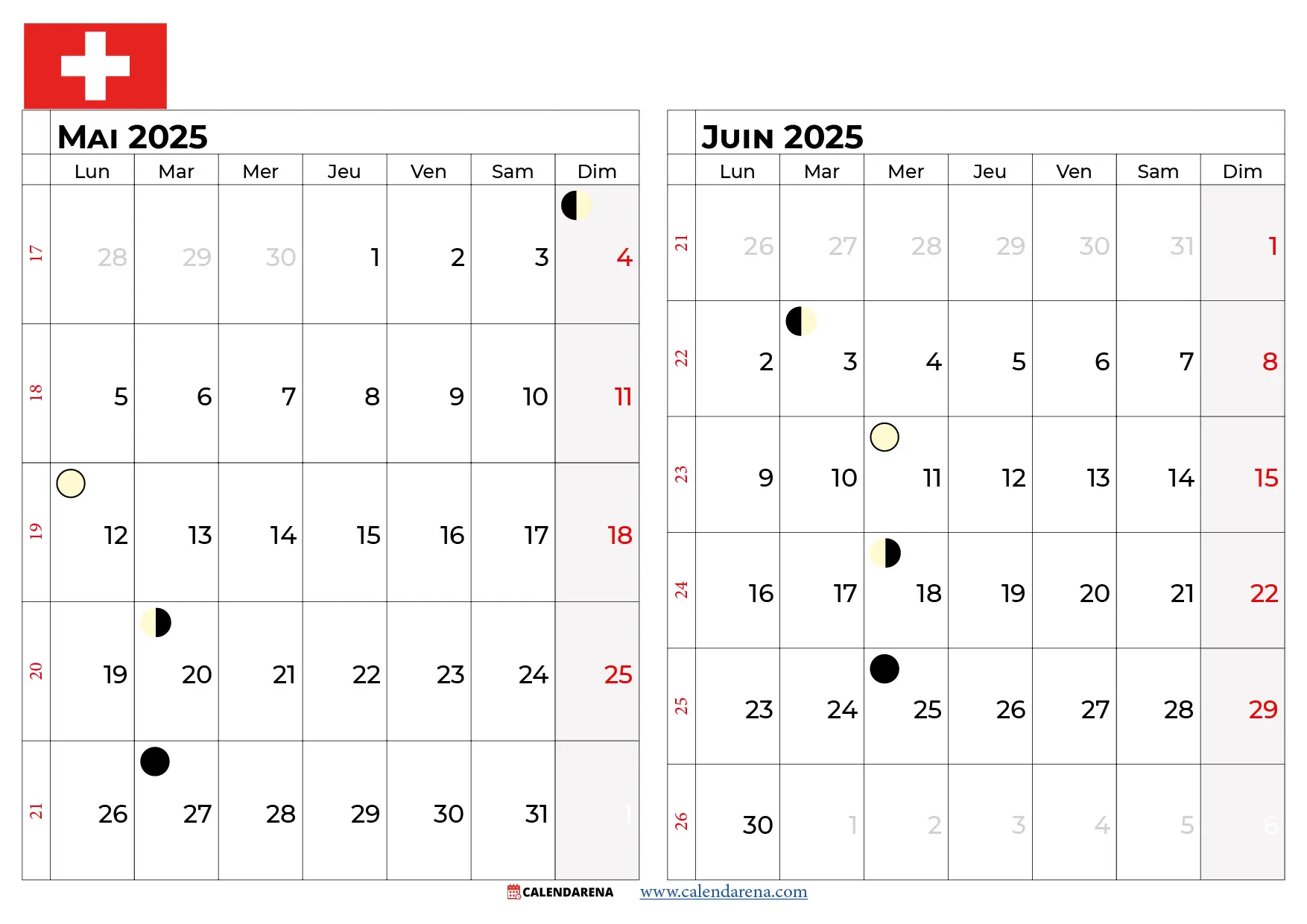 Calendrier Mai Juin 2025 Suisse