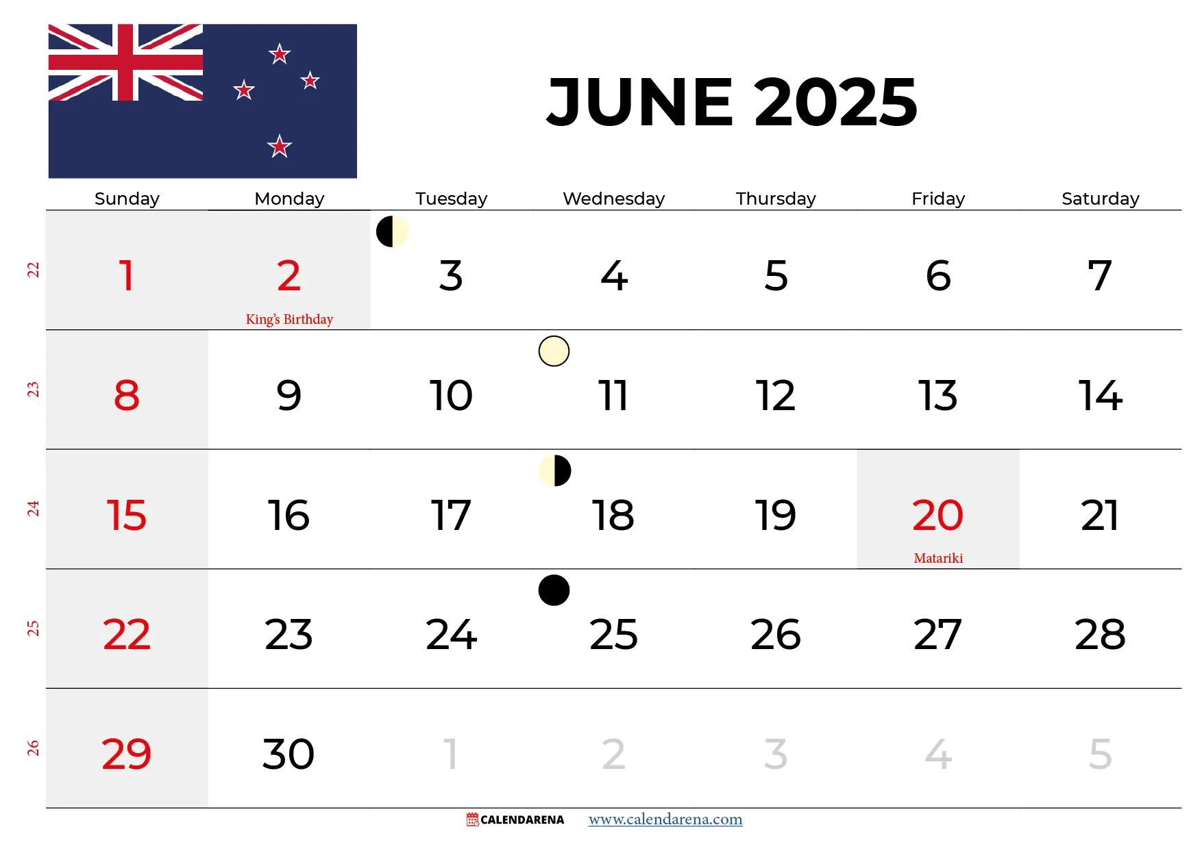 June 2025 Calendar Nz