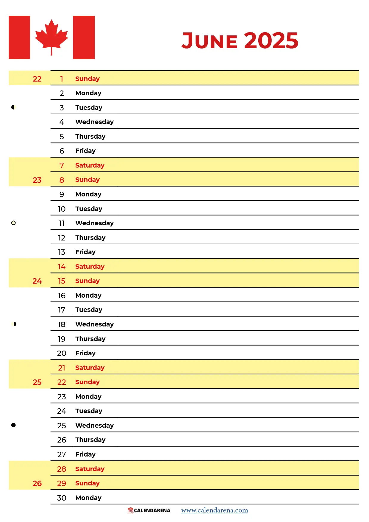 June 2025 Calendar Printable Canada