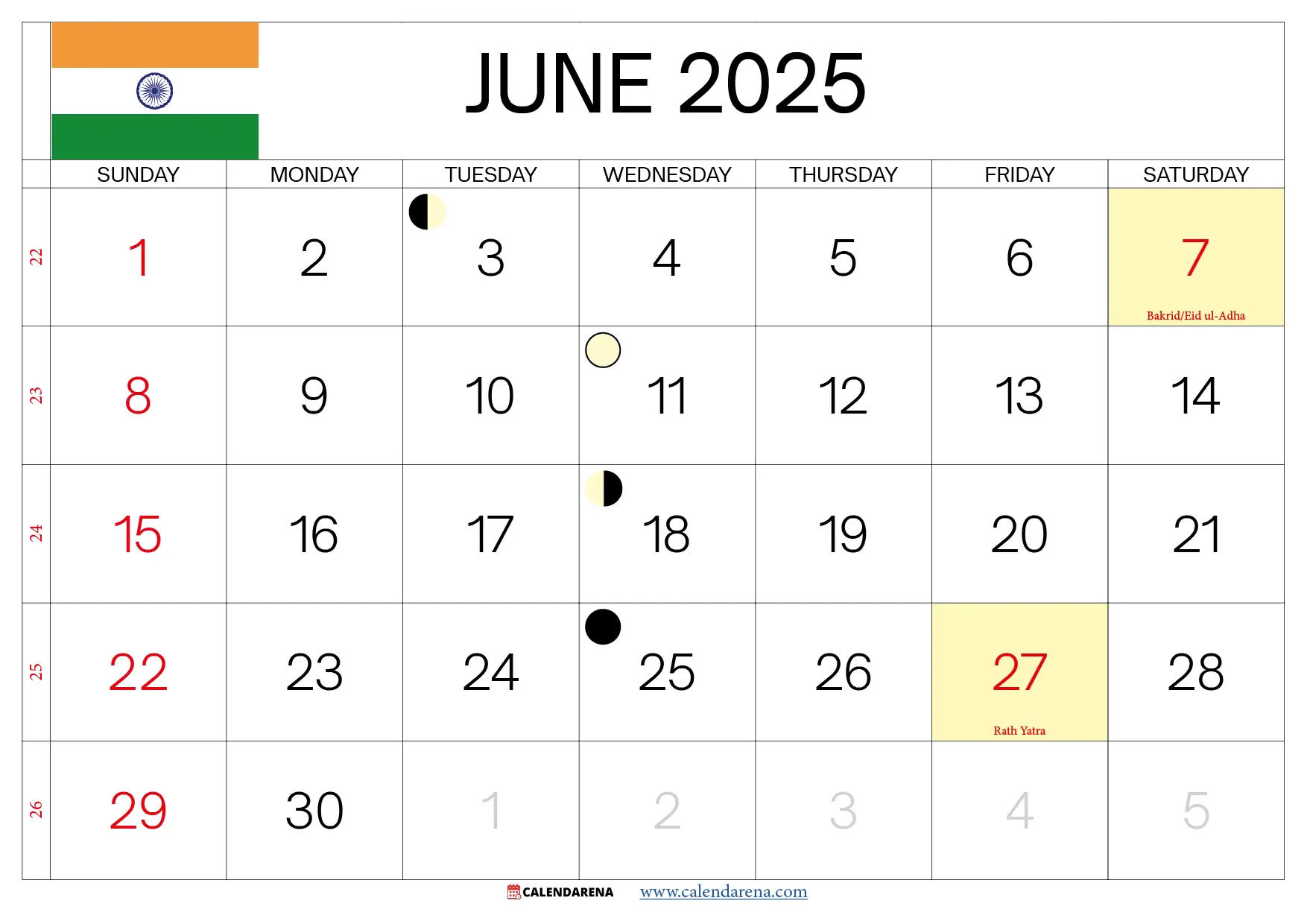 June Calendar 2025 India