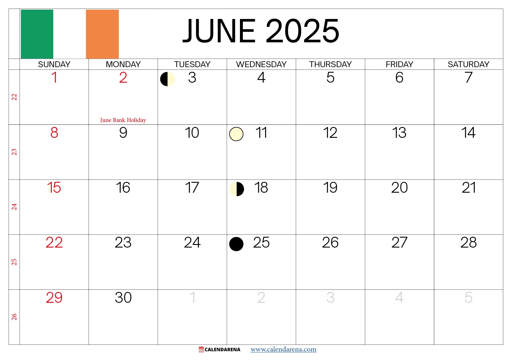 June Calendar 2025 Ireland