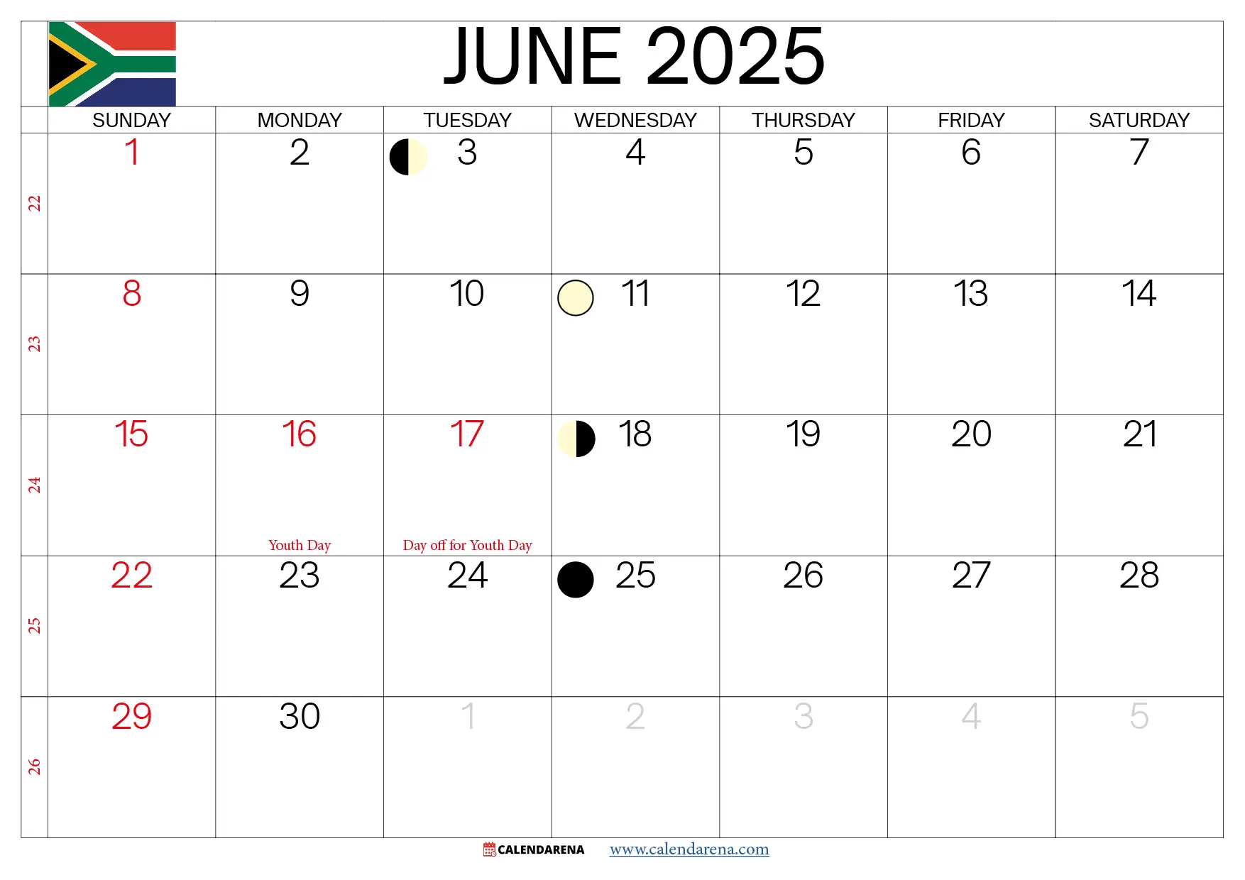 June Calendar 2025 South Africa