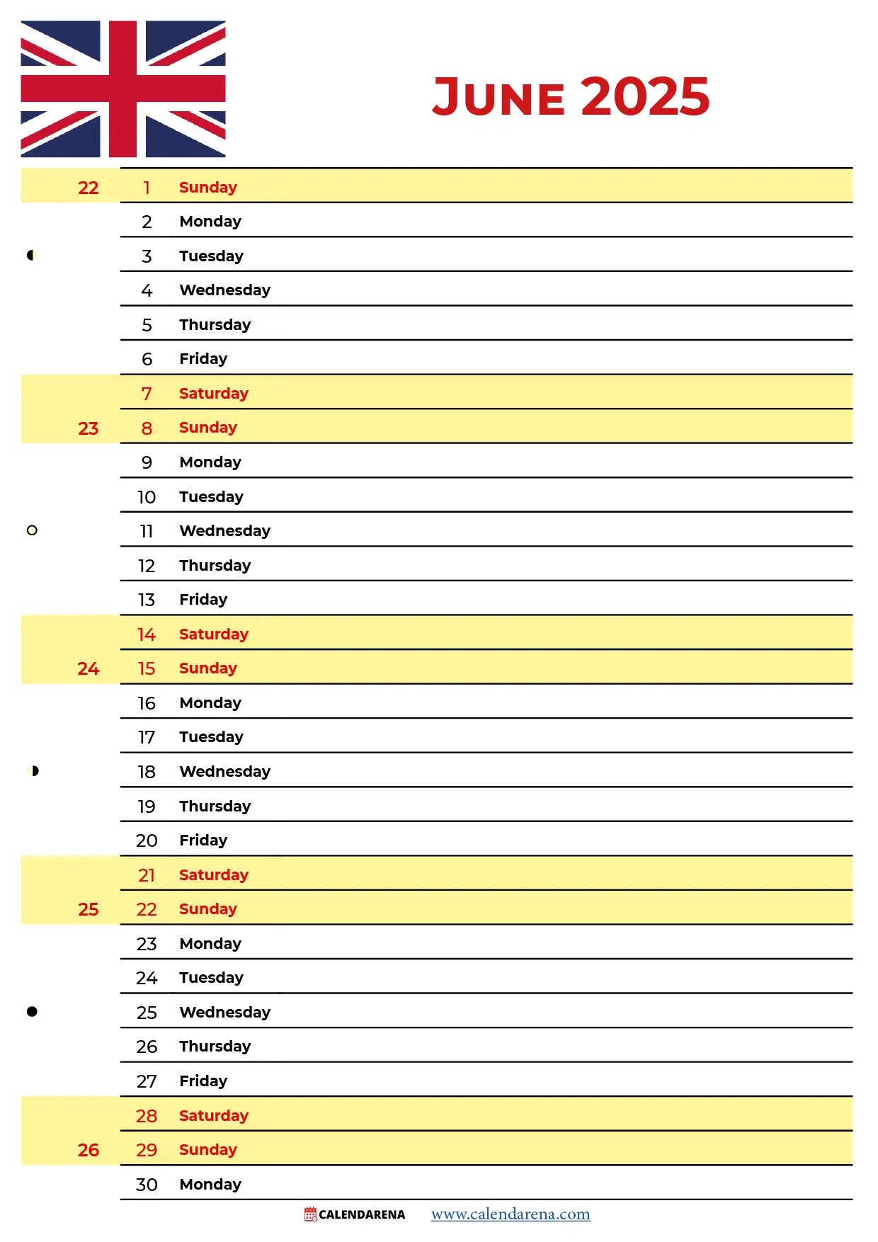 June Calendar 2025 With Holidays Uk