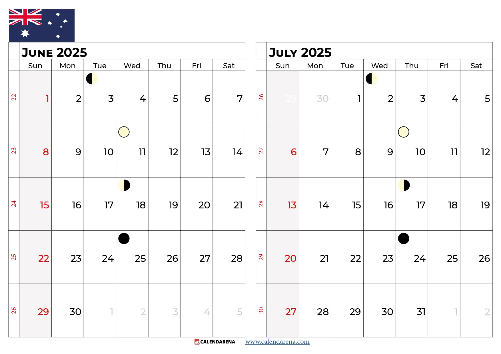 June July 2025 Calendar Australia