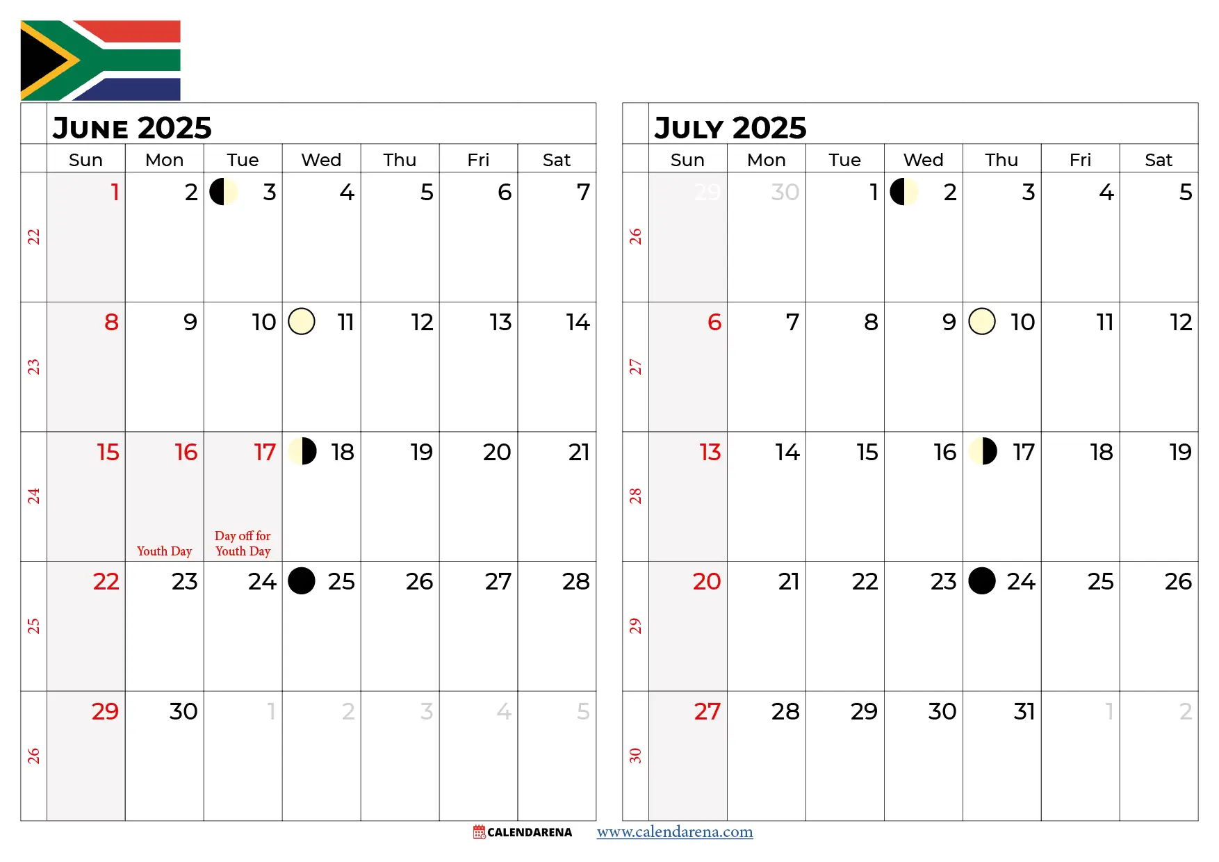 June July Calendar 2025 South Africa