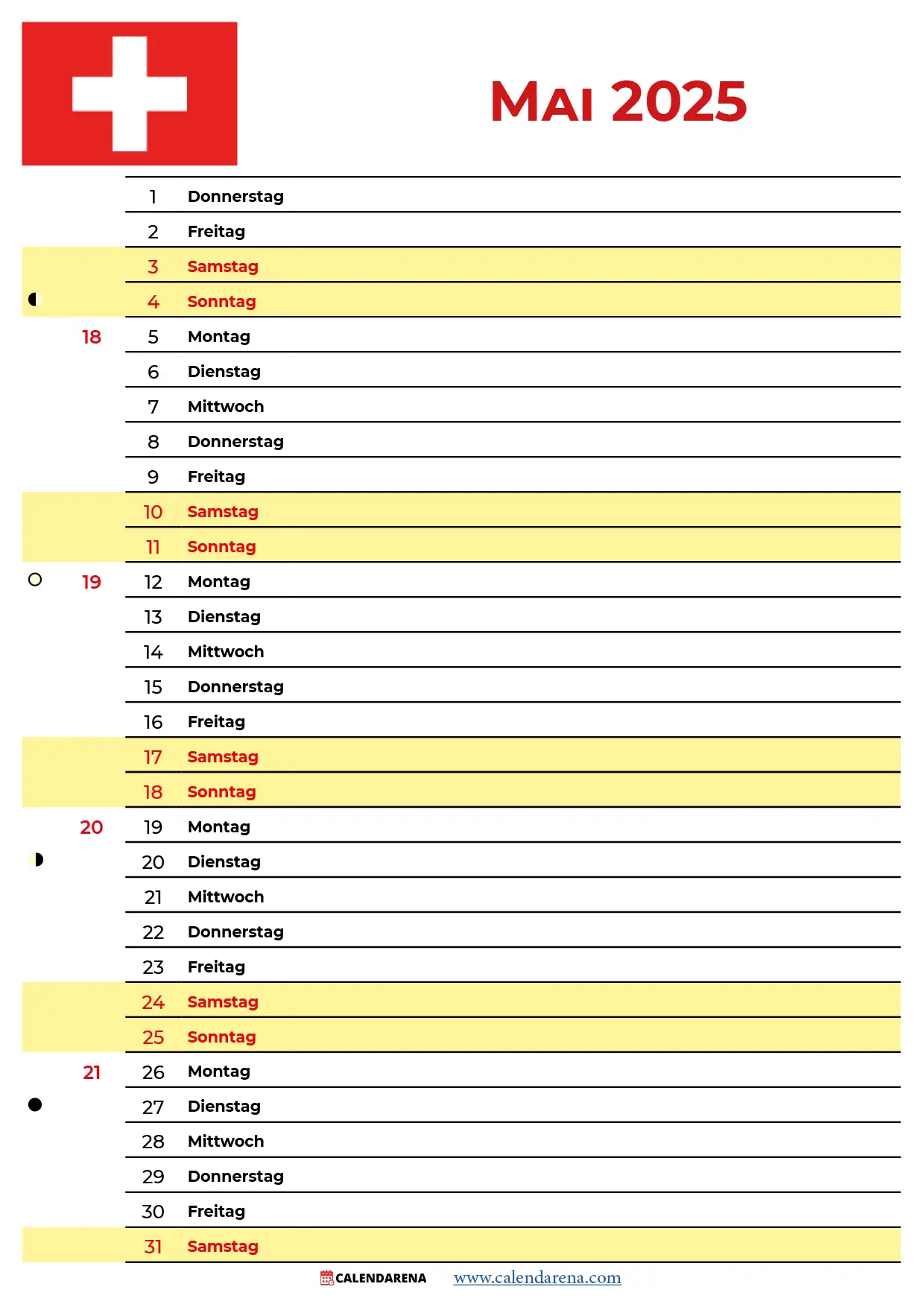 Kalender 2025 Mai schweiz