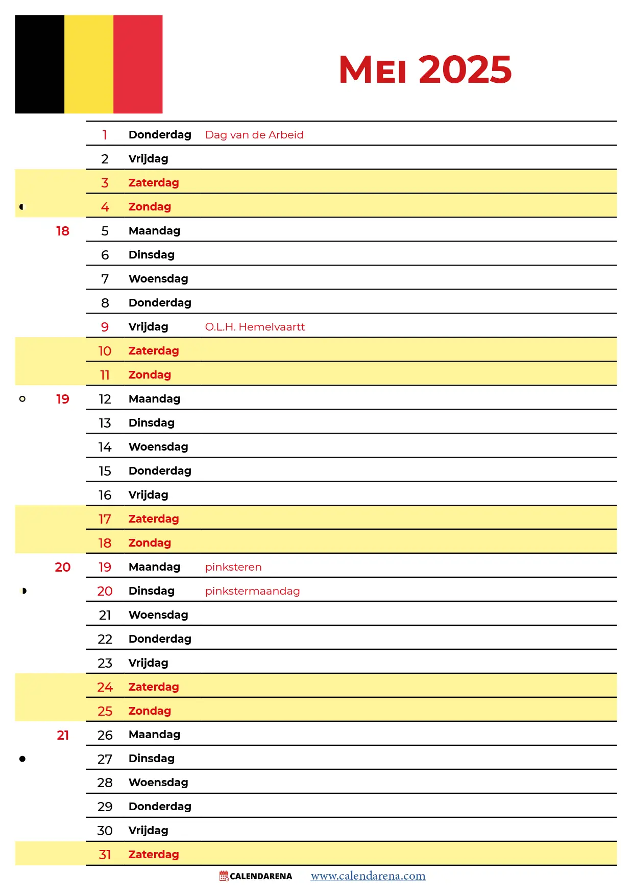 Kalender 2025 Mei België