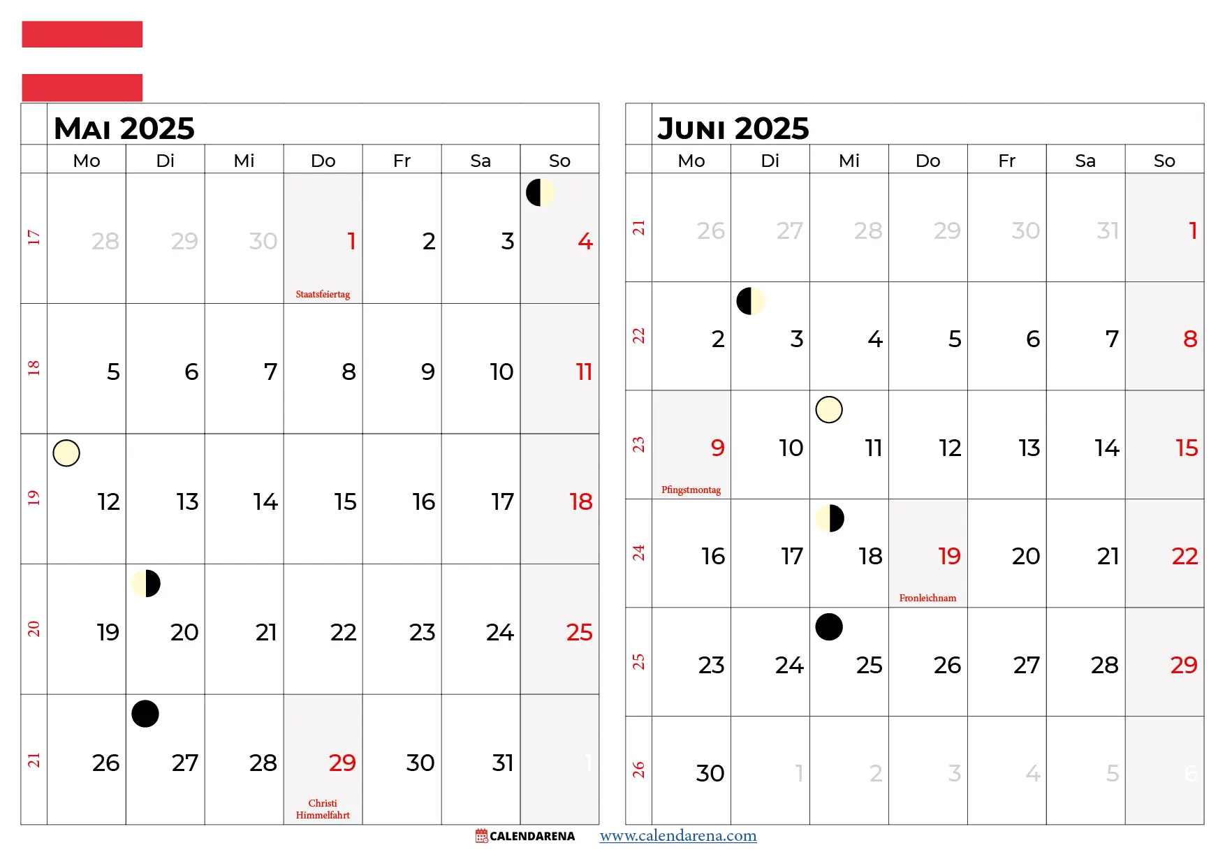 Kalender Mai Juni 2025 Österreich