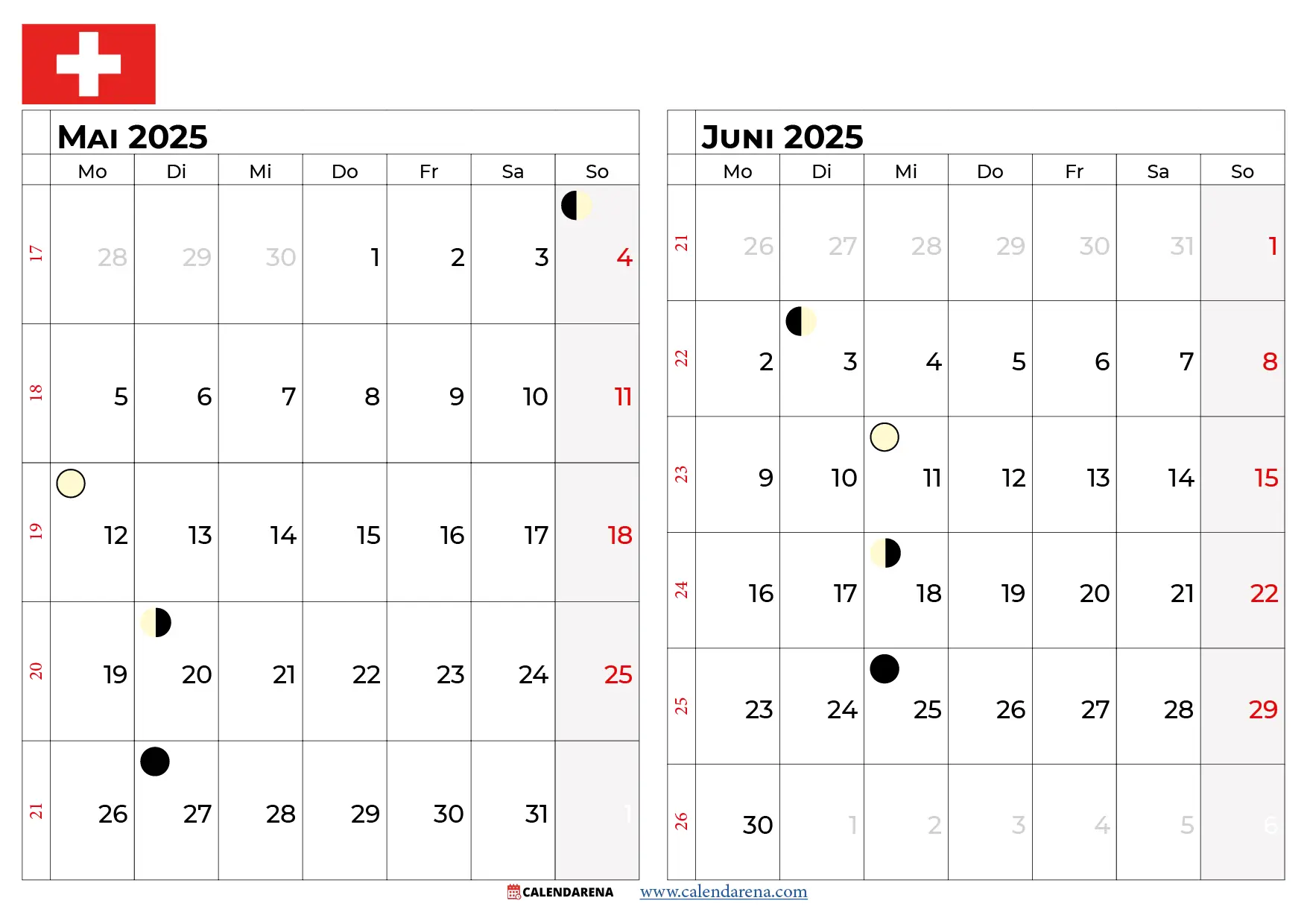 Kalender Mai Juni 2025 schweiz