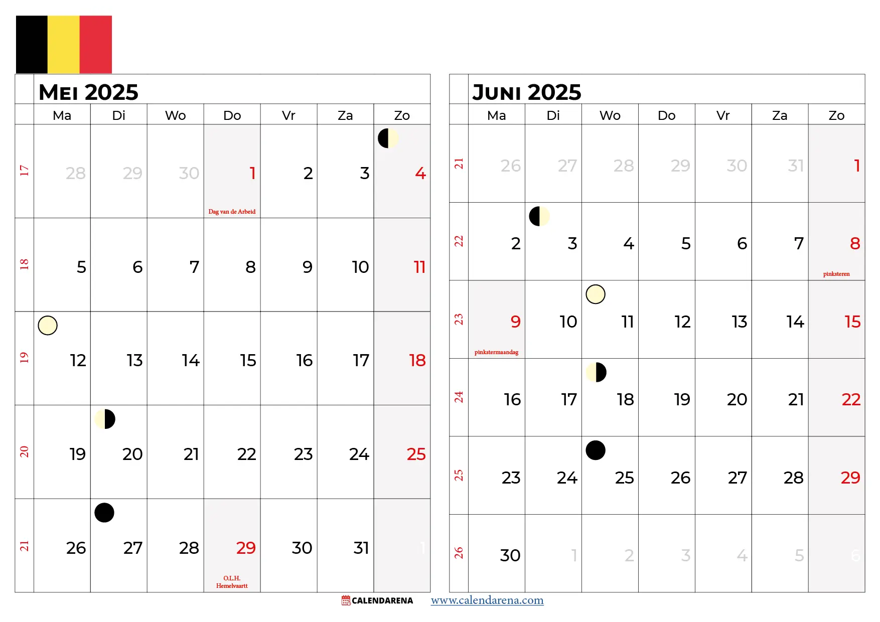 Kalender Mei Juni 2025 België