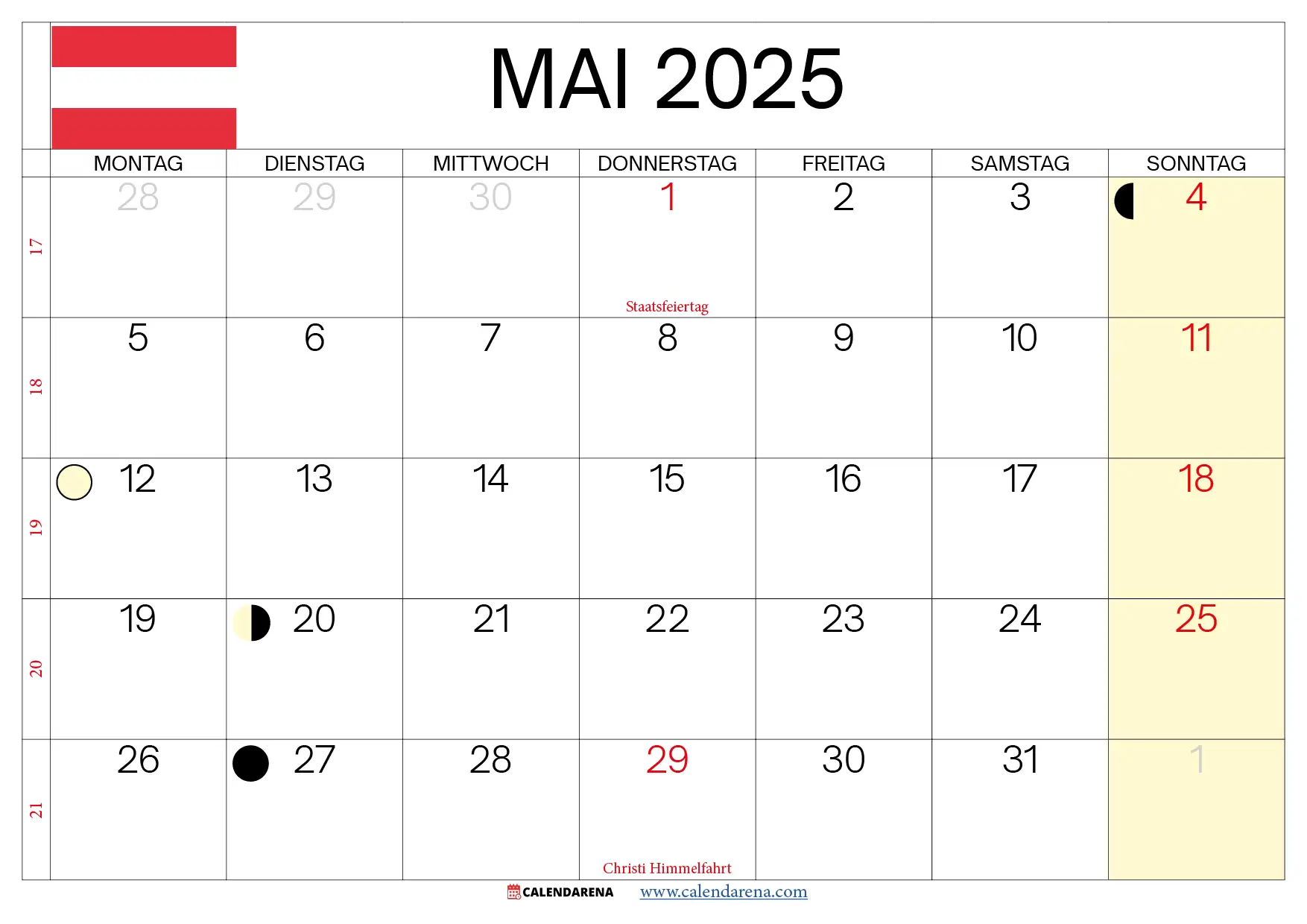 Mai Kalender 2025 Österreich