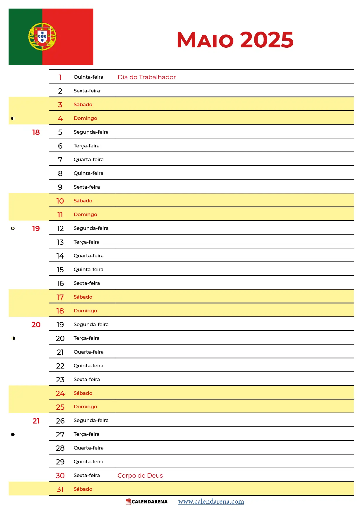 Maio 2025 Calendário Portugal