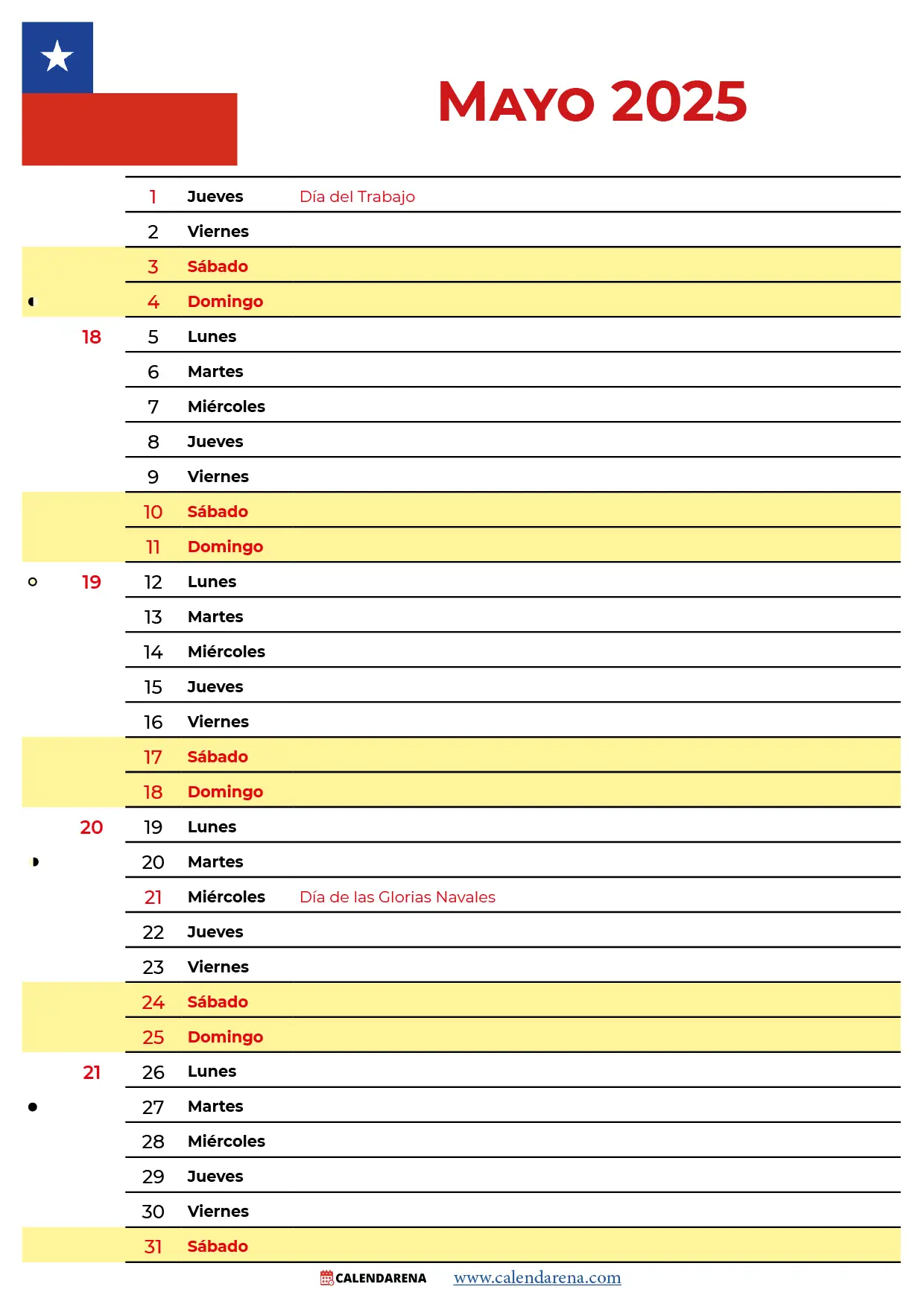 Mayo 2025 Calendario Chile