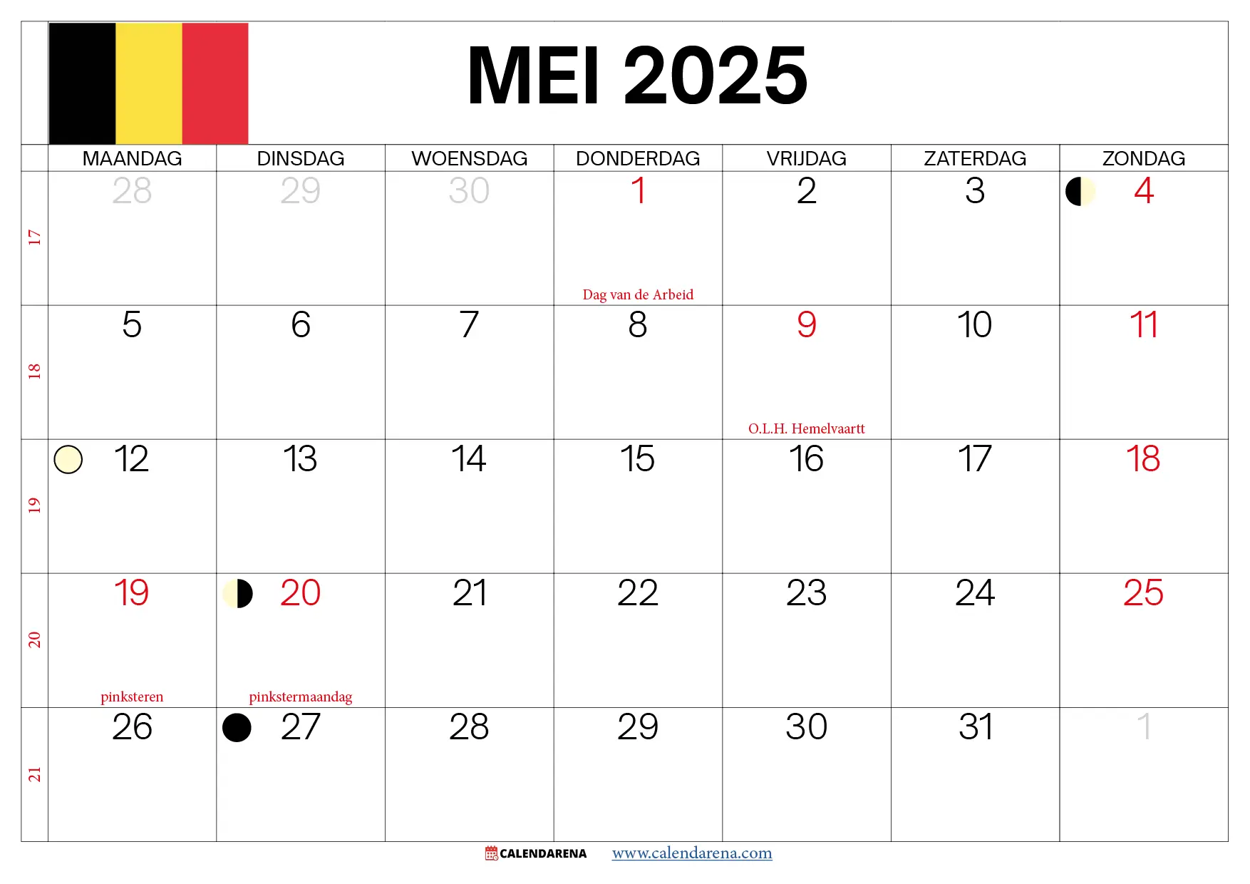 Mei 2025 Kalender België