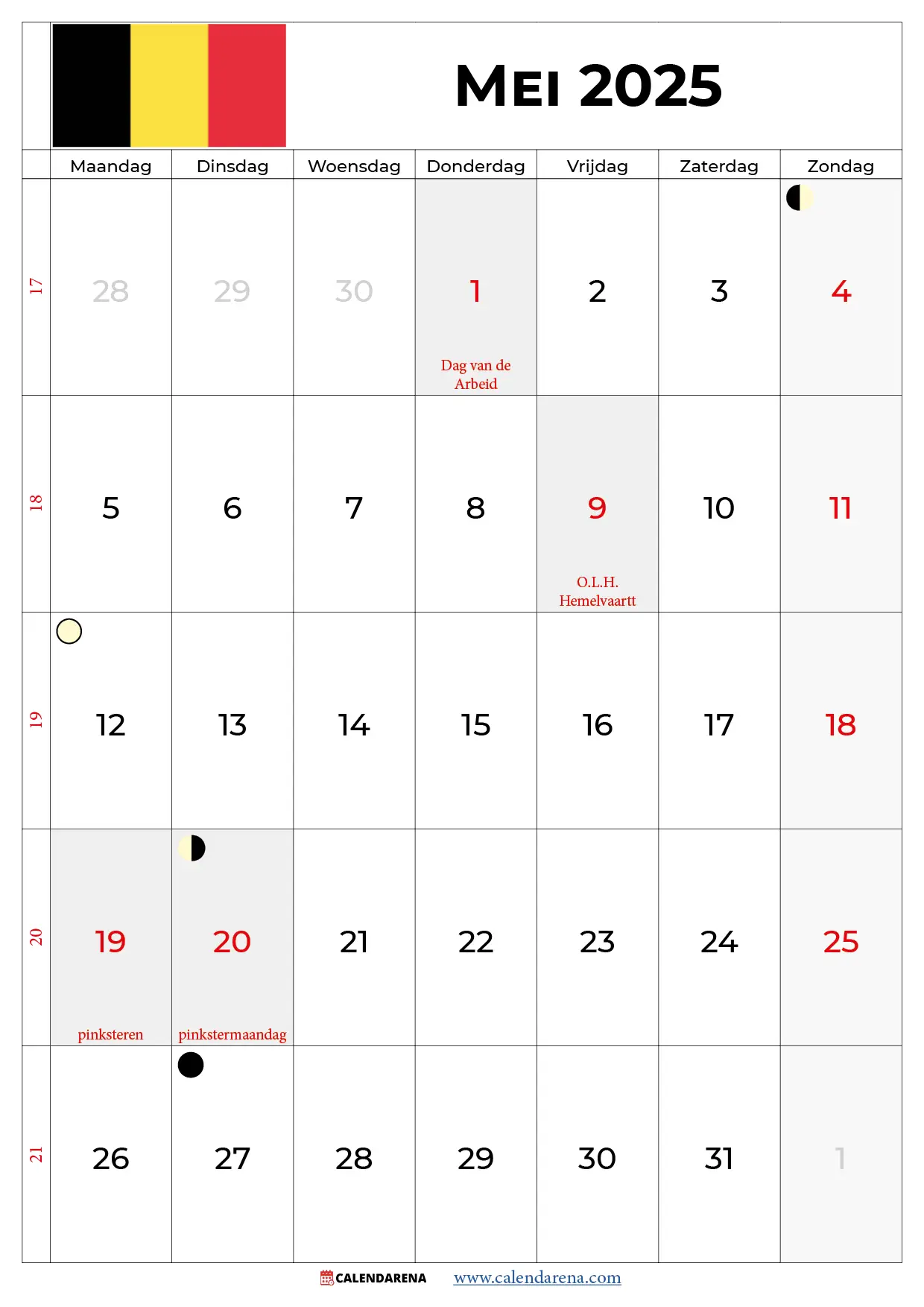 Mei Kalender 2025 België