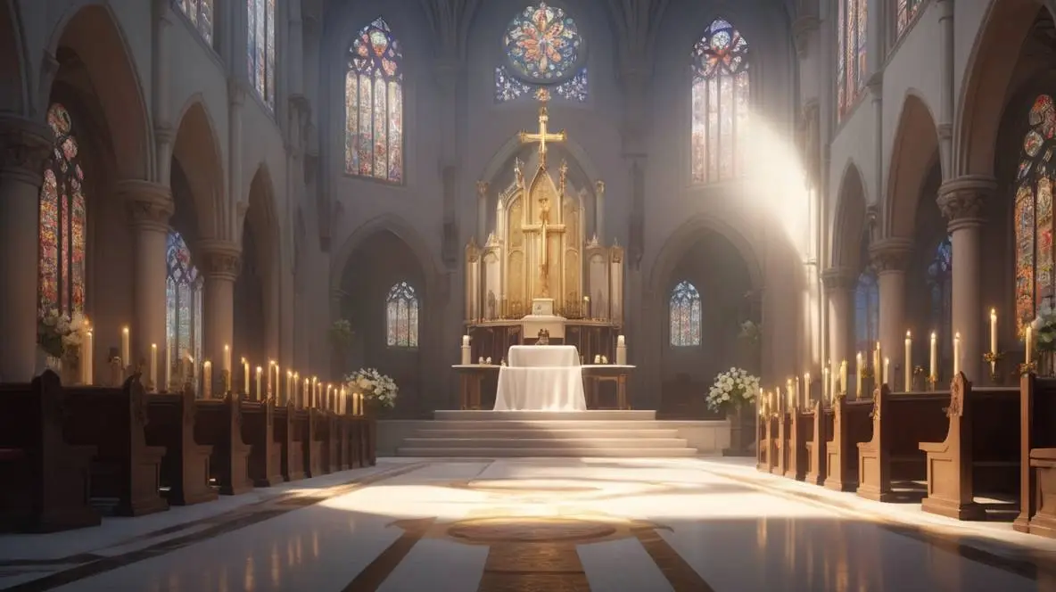 A serene church interior with lit candles and religious icons, symbolizing the peaceful and reflective spirit of All Saints' Day.