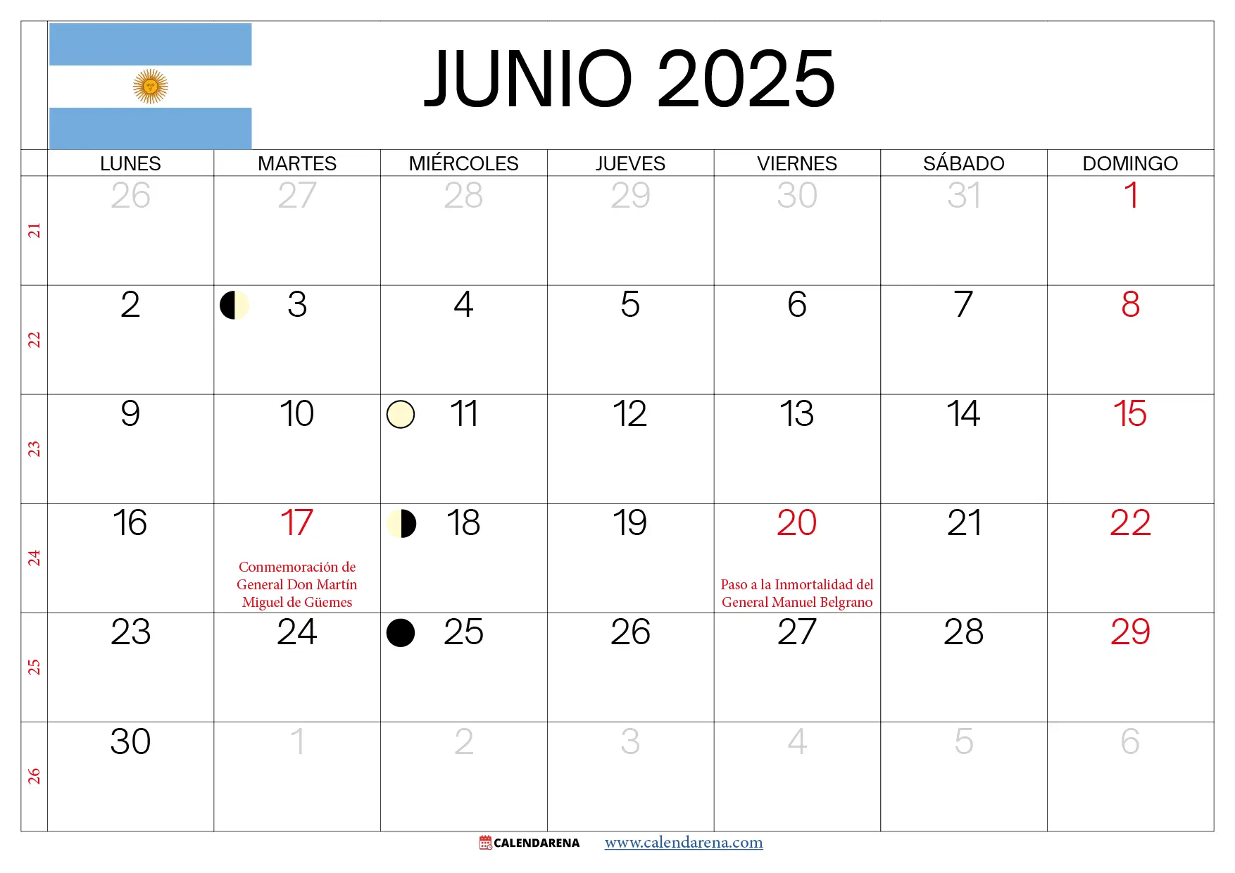 Almanaque Junio 2025 Argentina