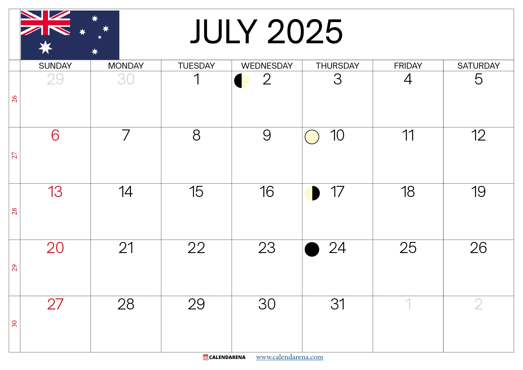 Calendar July 2025 Australia