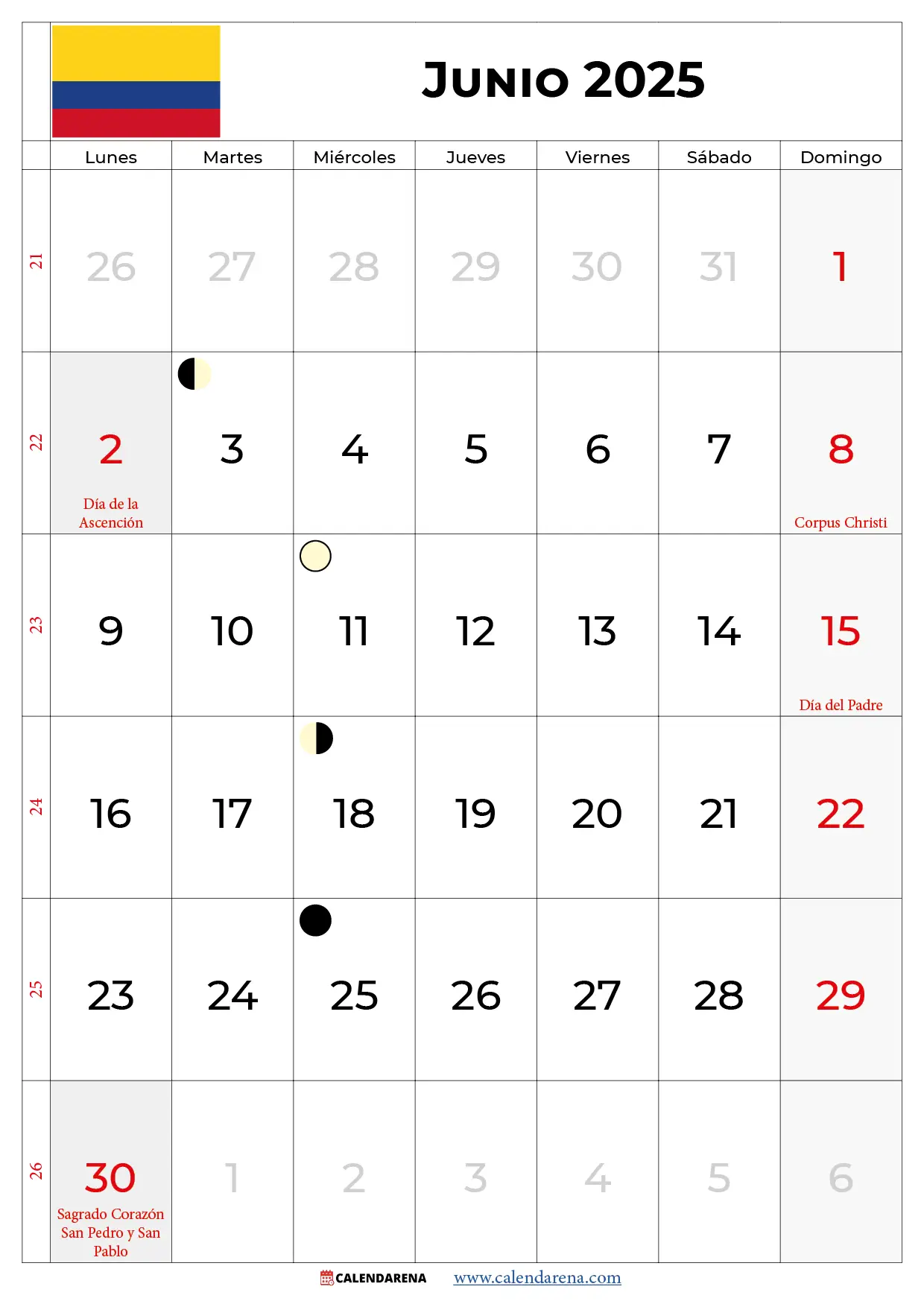Calendario 2025 Junio Colombia
