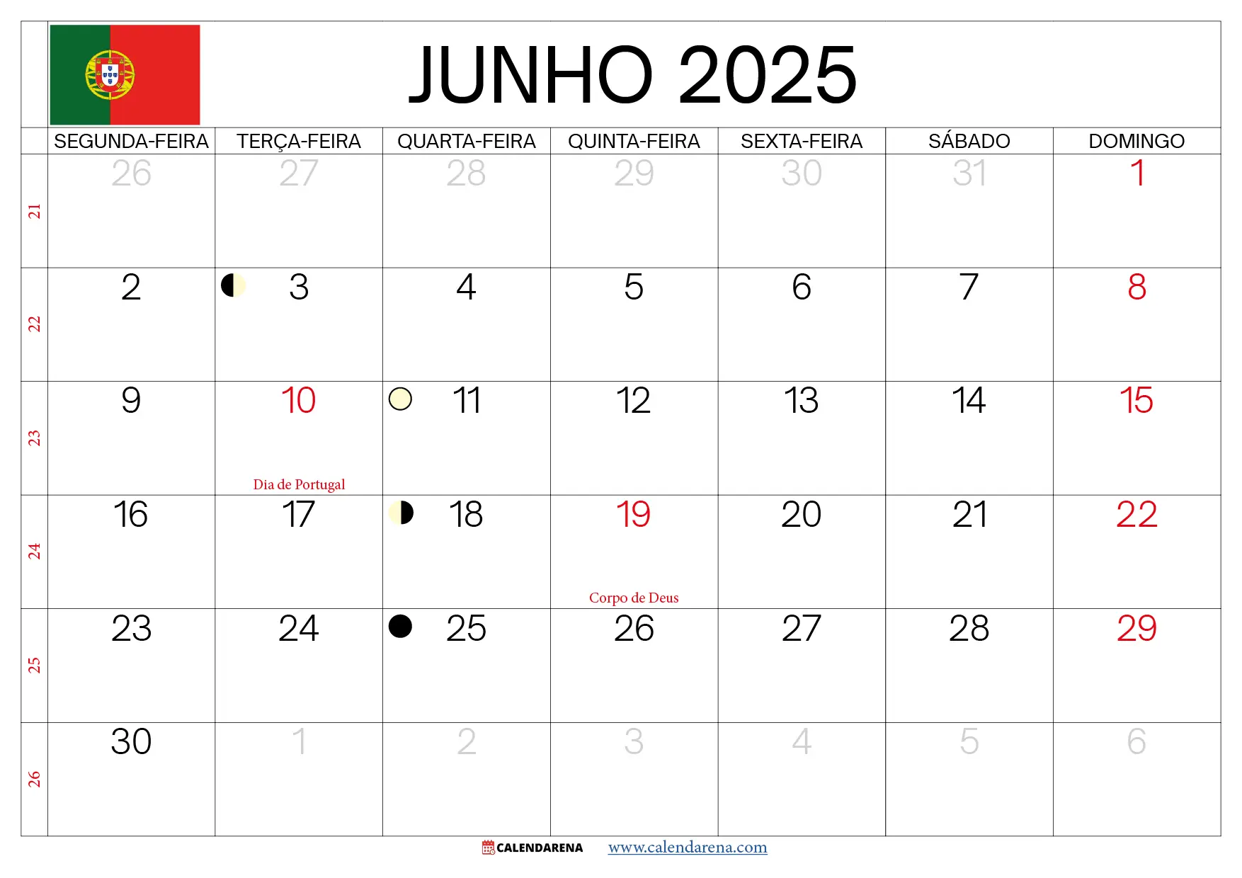 Calendário De Junho 2025 Portugal