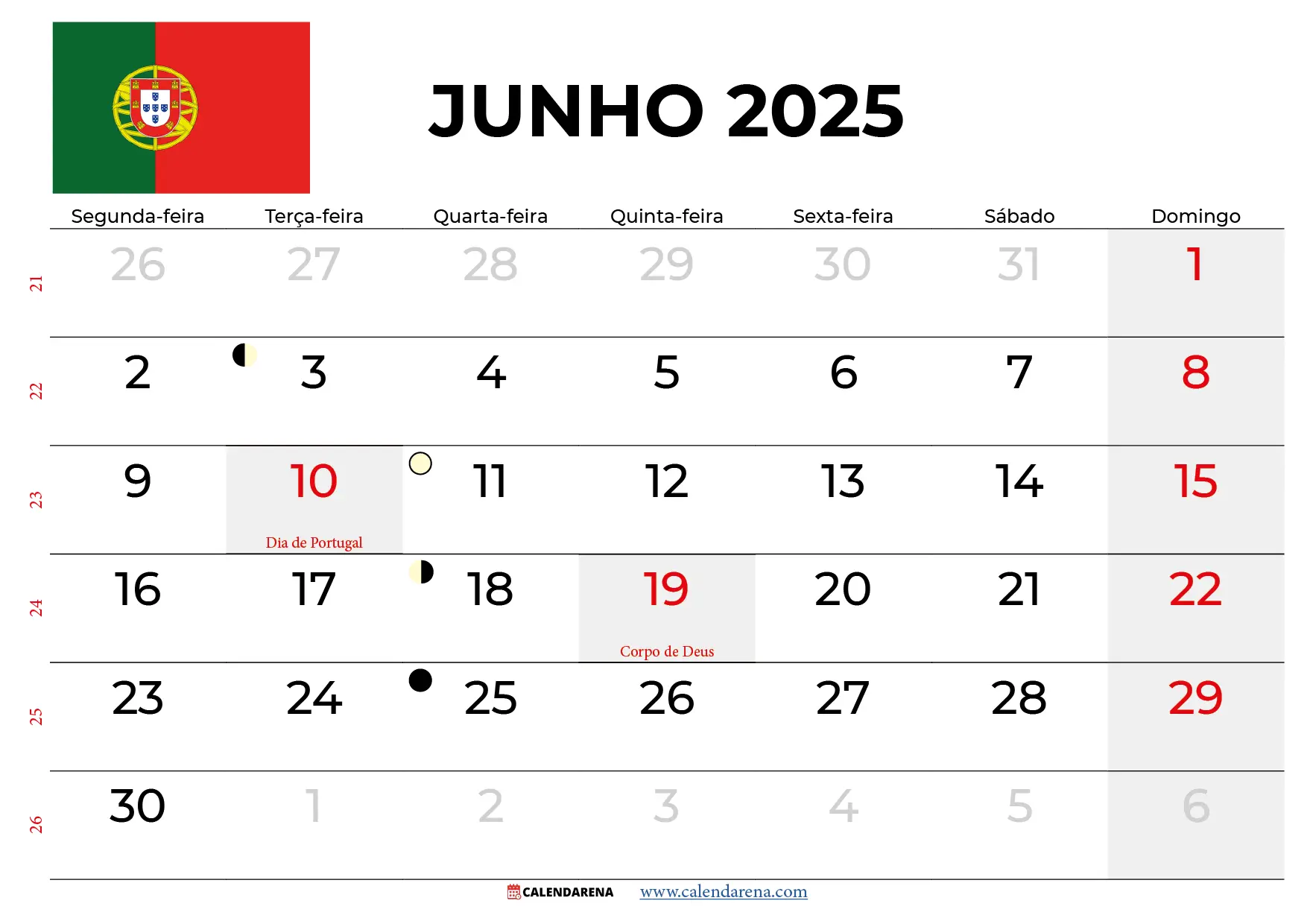 Calendário Junho 2025 Portugal