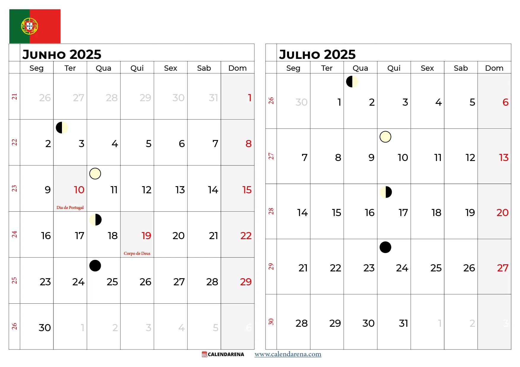 Calendario Junho E Julho 2025 Portugal